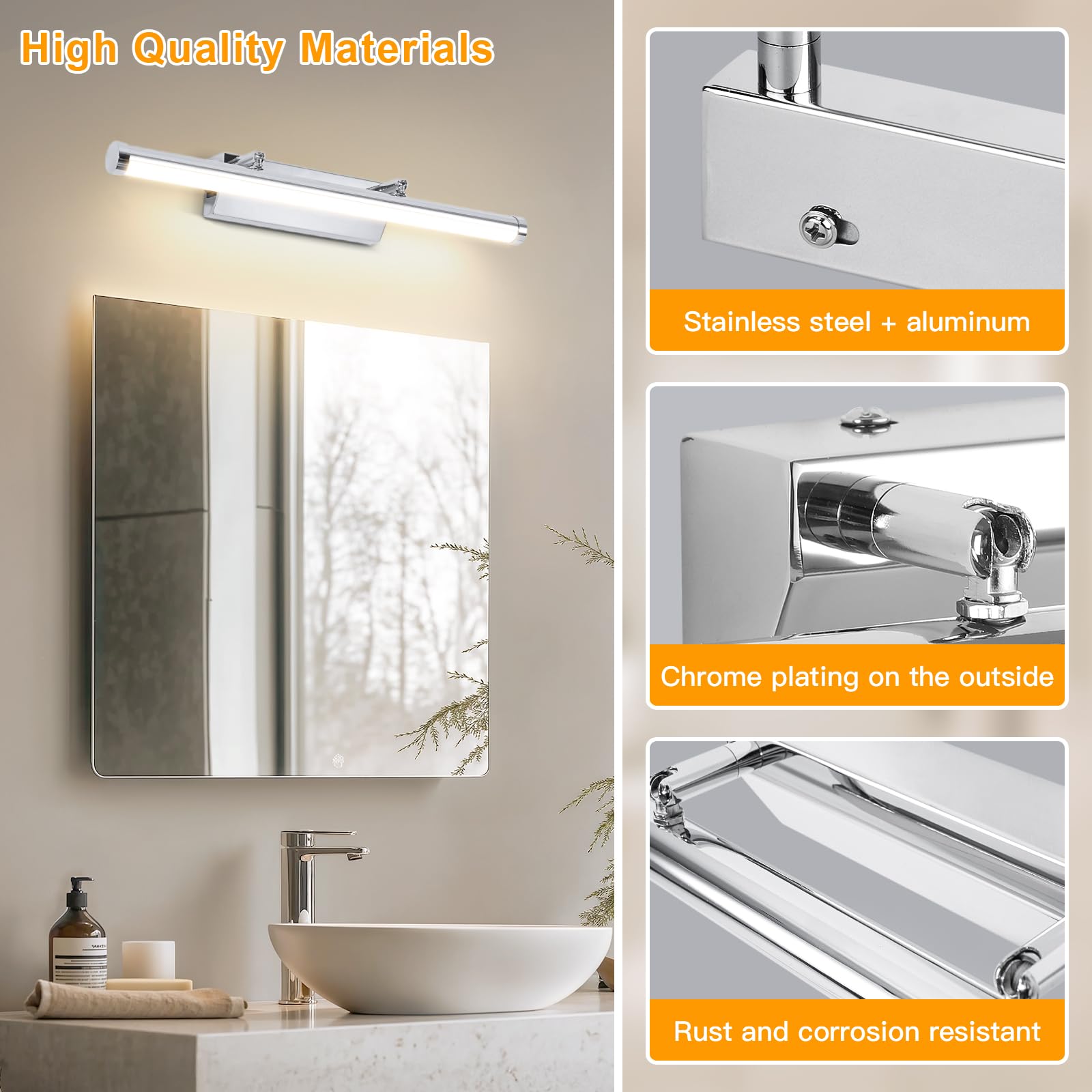 Dehobo LED Spiegelleuchte Bad 42CM 9W - Spiegellampe Badezimmer mit Schalter IP44 Wandbeleuchtung Neutralweiß 4000K 730LM für Badzimmer - Badleuchte Badspiegel Lampe Edelstahl Spiegel Schminklicht