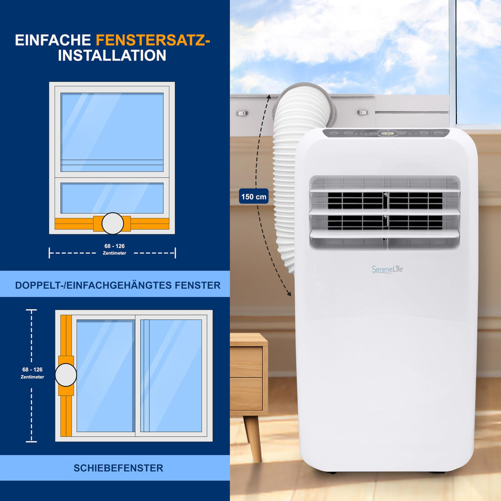 SereneLife Klimaanlage mobil 4-in-1: Luftkühler, Ventilator, Luftentfeuchter + Heizung – Tragbares Klimagerät mit Abluftschlauch, Fernbedienung & Kit für Räume bis 42 m² – Fenster-Montage 9,000 BTU
