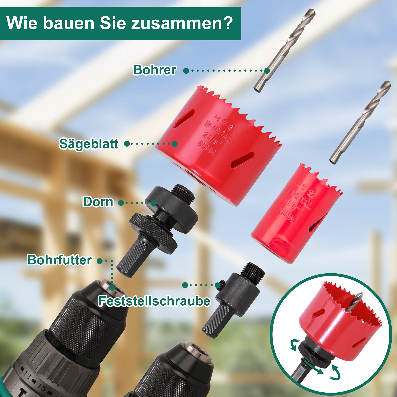 HYCHIKA Bimetall Lochsäge Set, 17tlg Lochbohrer Ø20mm-68mm, Maximale Schnitttiefe 40mm, Ideal zum Bohren von Weichmetall, Holz, PVC Platte und Kunststoffplatte