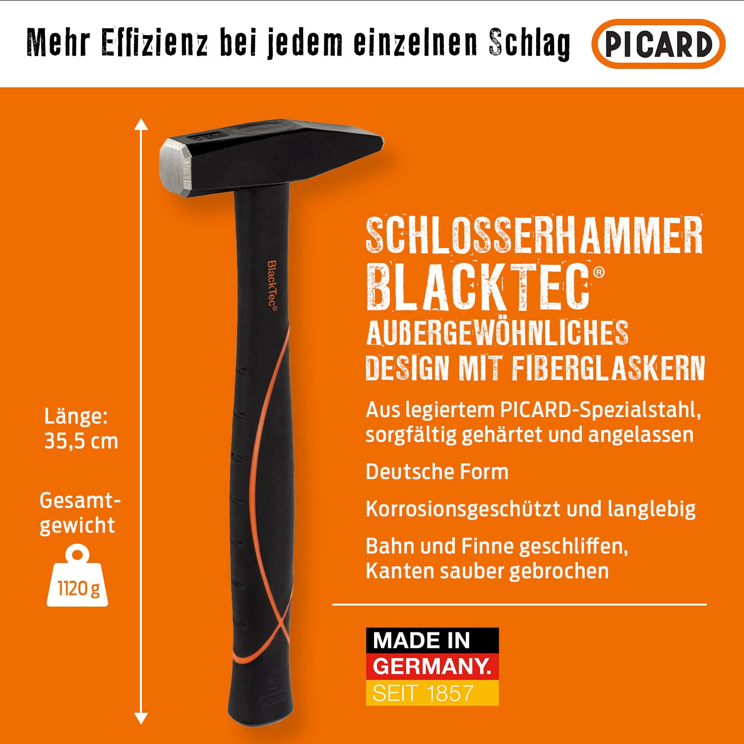 Picard Schlosserhammer mit Fiberglaskern 800g DIN 1041