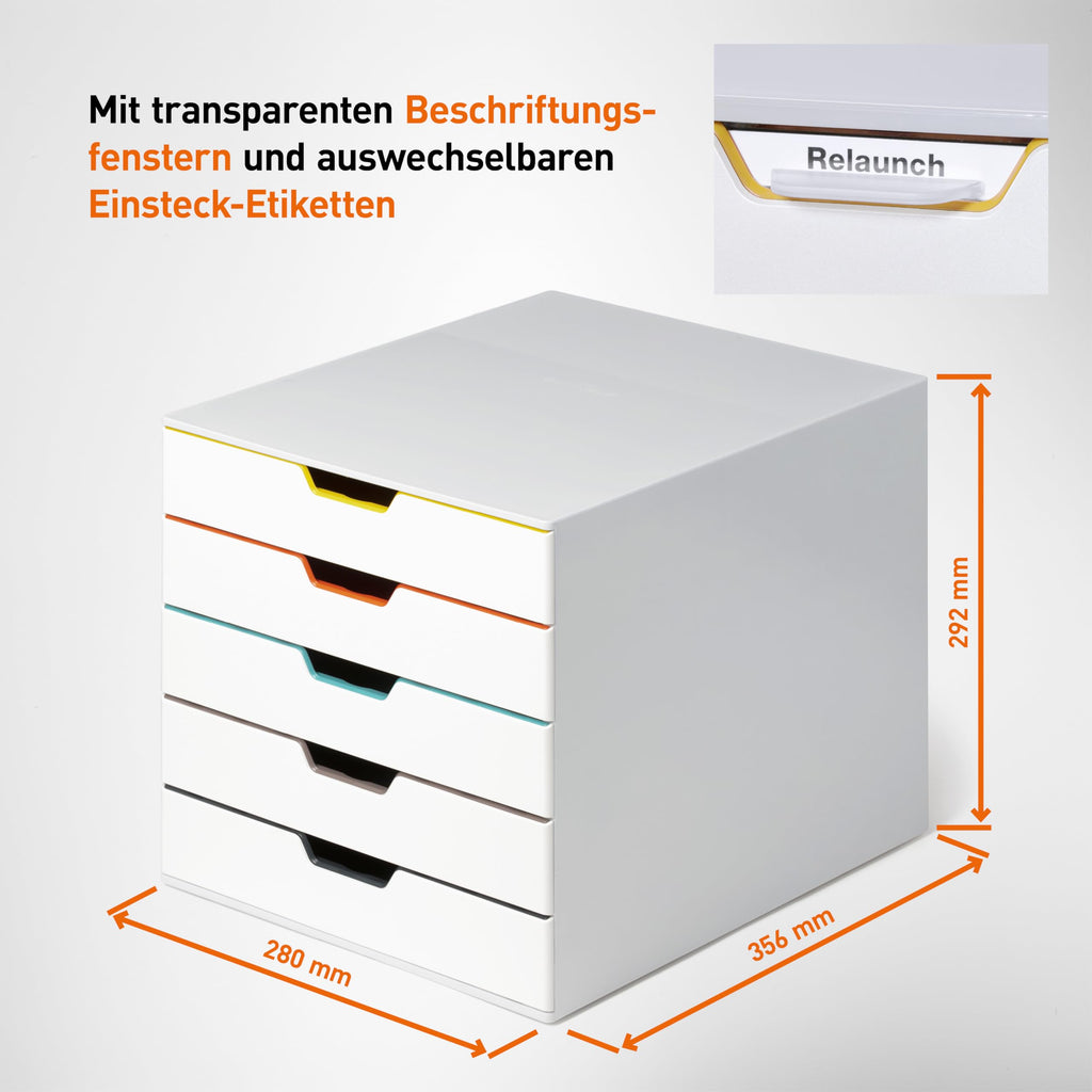 Durable Schubladenbox A4 (Varicolor Mix) 5 Fächer, mit Etiketten zur Beschriftung, mehrfarbig, 762527