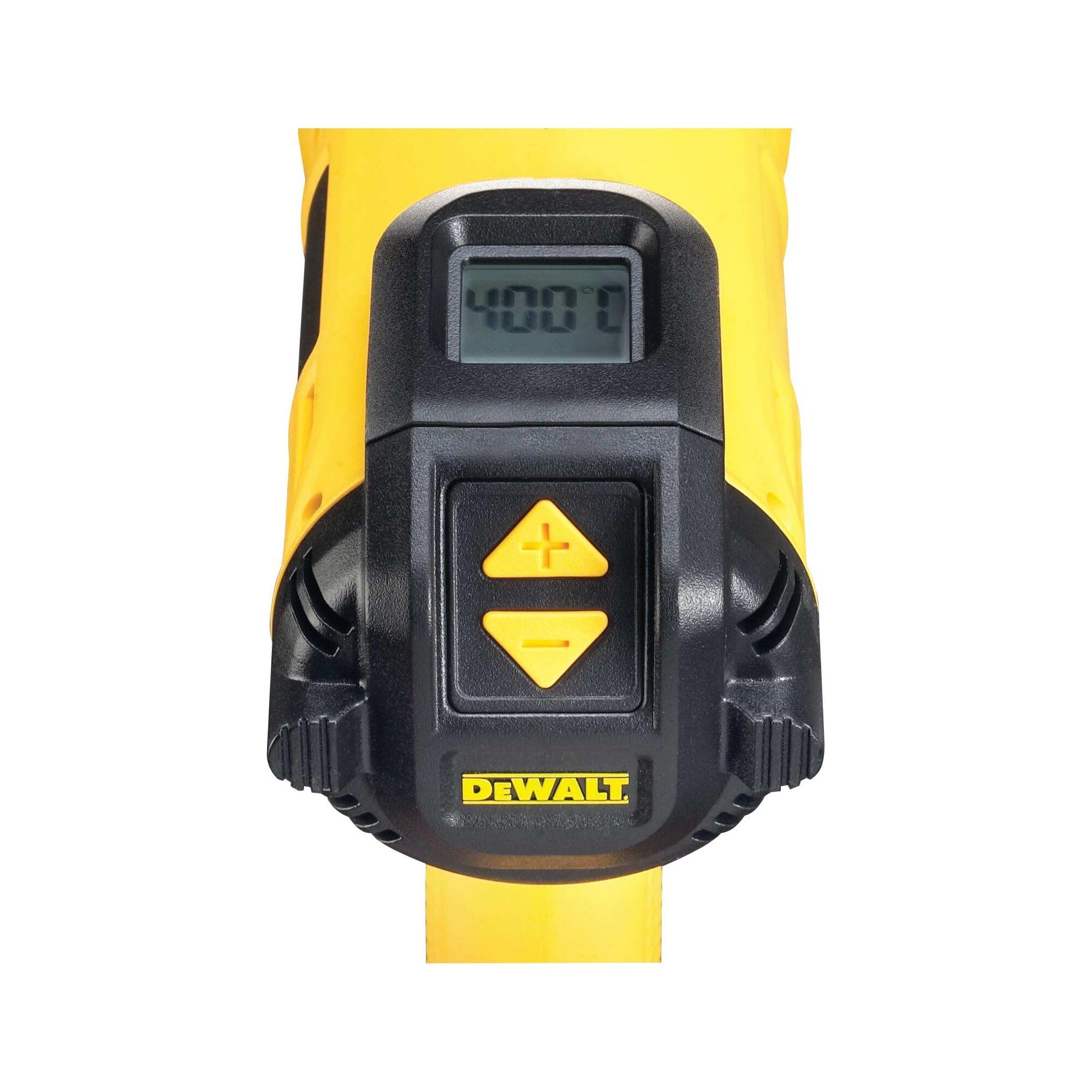 Dewalt 2.000 Watt Heißluftpistole D26414 (Temperatur 50-600°, Luftdurchsatz: 650 l/min, mit Flach- sowie Konusdüse und Lackschaber, sichere vertikale Standposition zum stationären Einsatz)