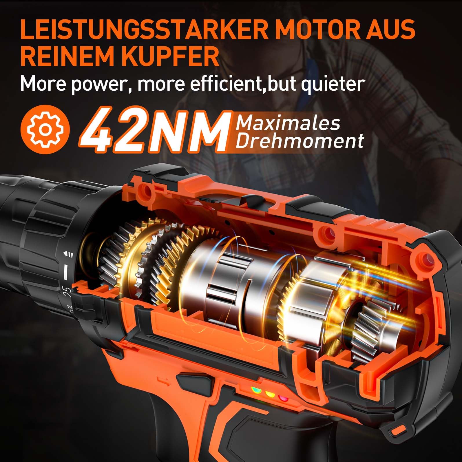 Akkuschrauber mit 2 Akkus 2.0Ah, 20V Akku Bohrschrauber Set, 1600 RPM(2-Gang) Akkubohrer, 42Nm Drehmoment, 25+1 Drehmomentstufen, 10mm Bohrfutter, 24-teiliges, LED-Licht, Für Reparatur & DIY