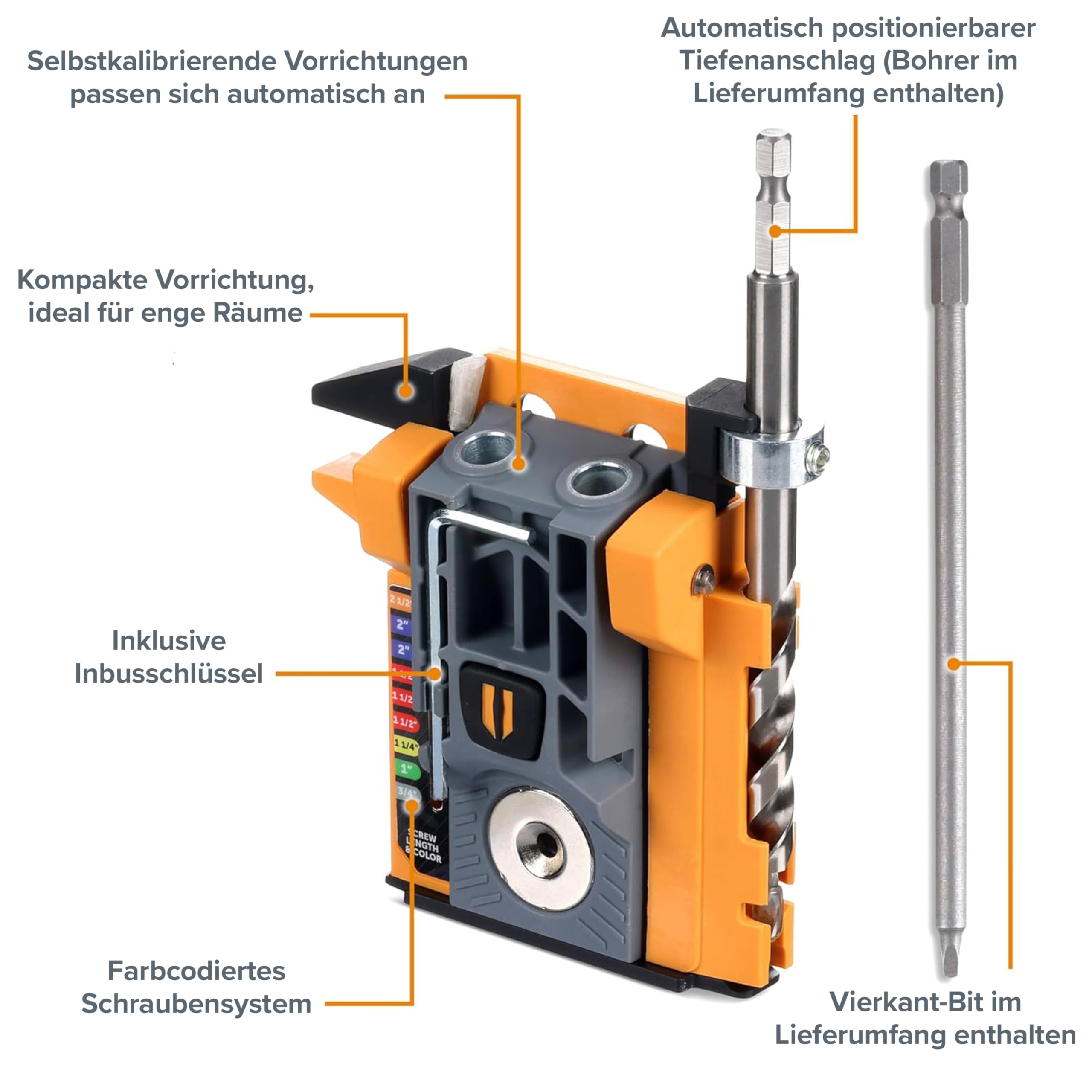 BORA Mini-Taschenloch-Bohrschablone – Automatische Tiefeneinstellung mit Push-Lock-System, Farbkodierte Schraubenführung – Für enge Räume & Holz bis 38 mm Stärke