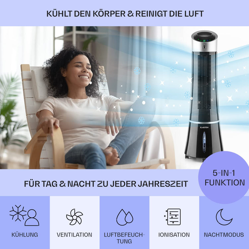 Klarstein Luftkühler mit Wasserkühlung, 5-in-1 Verdunstungskühler, Luftbefeuchter, Ventilator, Luftreiniger & Nachtmodus, Mobile Klimageräte Luftkühler 6L, 45 Watt Air Cooler, 180 m³/h Luftstrom
