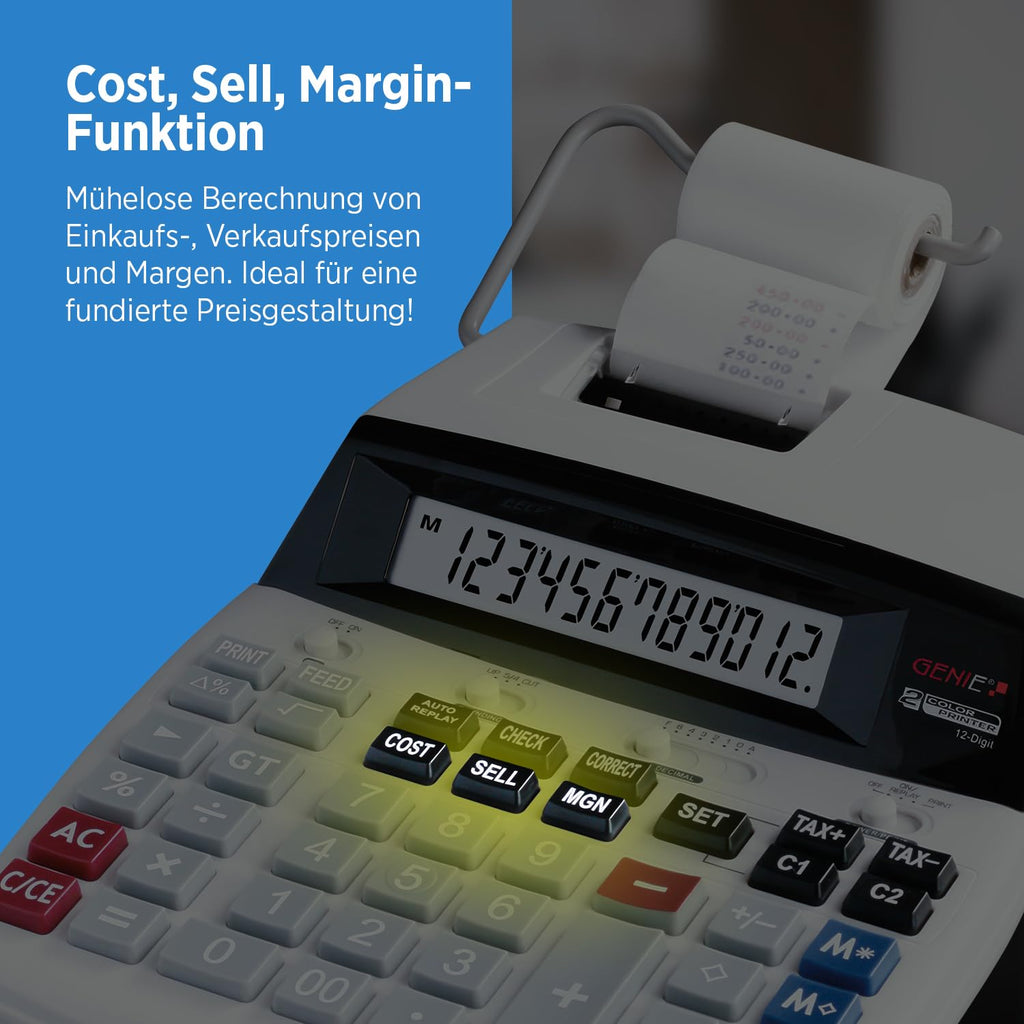 Genie D69 Plus Druckender Tischrechner | 12-stelliges LC-Display | Rechenmaschine mit Papierrolle | Quittung & Bondrucker | Taschenrechner mit Papierrolle | Viele Business-Funktionen | weiß