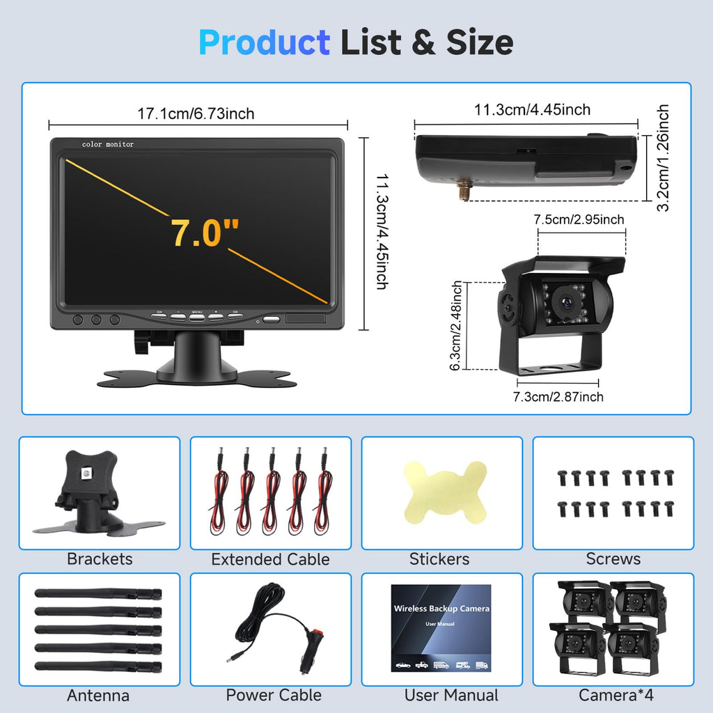1080P HD Kabelloses Vier-Rückfahrkamera-Kit, 7-Zoll-LCD-Monitor mit 4 Rückfahrkameras für Anhänger, Wohnmobil, Camper, LKW, Auto, Bus, DIY-Führungslinien, IP68 wasserdicht, Nachtsicht, BSD, 12 V-36 V