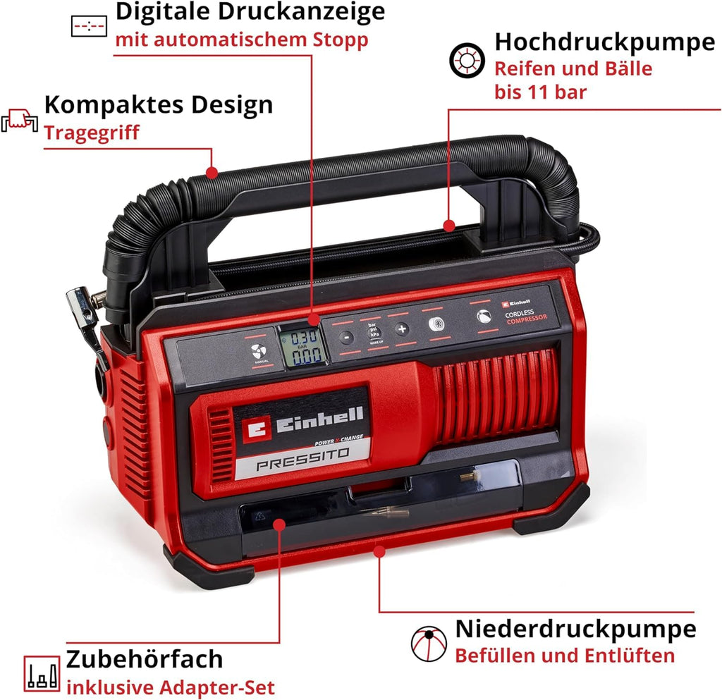 Einhell Akku-Kompressor PRESSITO 18/25 Power X-Change (18 V, max. 11 bar, inkl. 3-tlg. Adapter-Set, inkl. 71 cm Hochdruckschlauch und 1,6 m Niederdruckschlauch, ohne Akku)