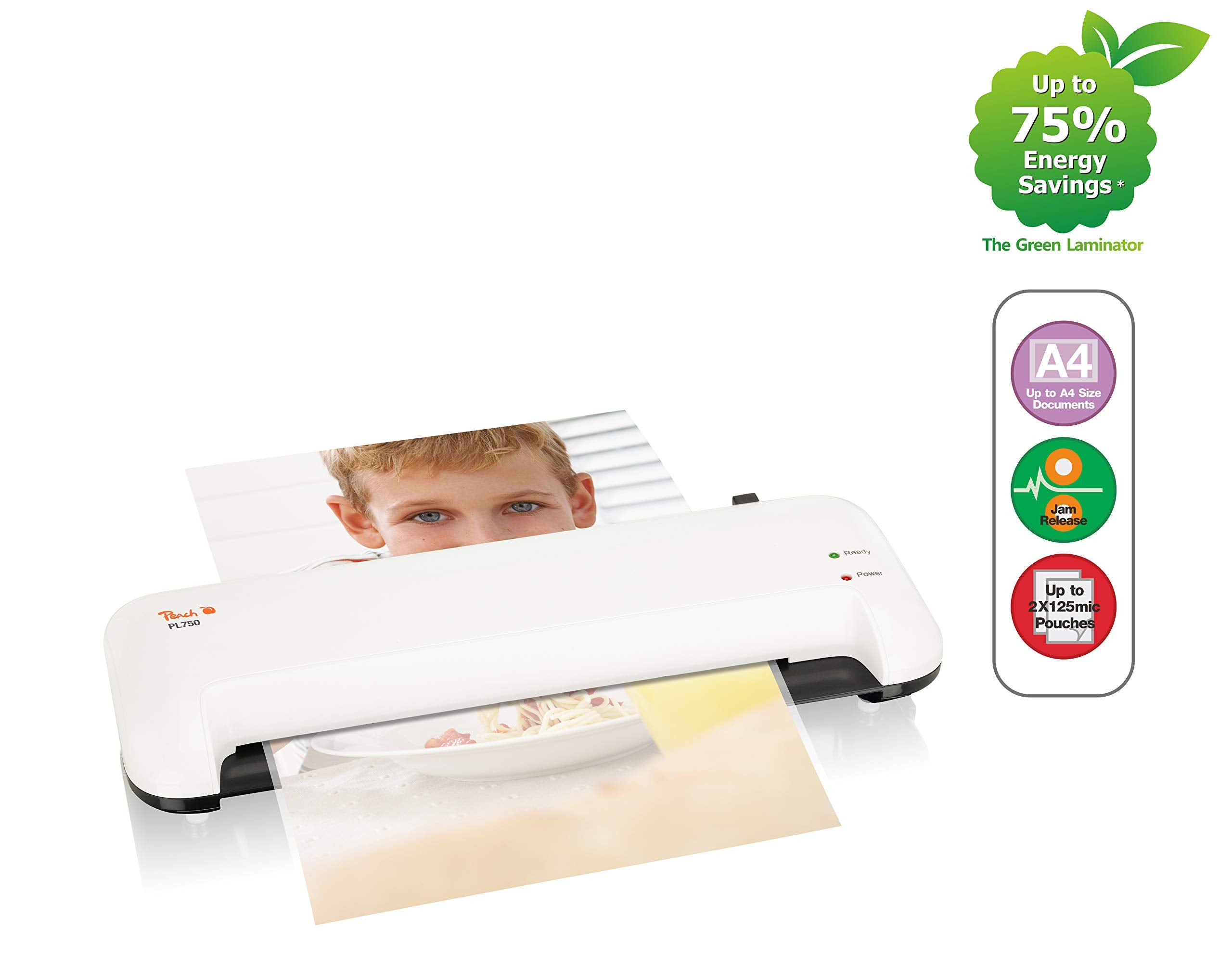 Peach Laminiergerät A4 - doppelt so schnell startklar als andere - laminiert mehr als 1,5 Seiten A4 pro Minute - geeignet für alle handelsüblichen Folien - PL750A