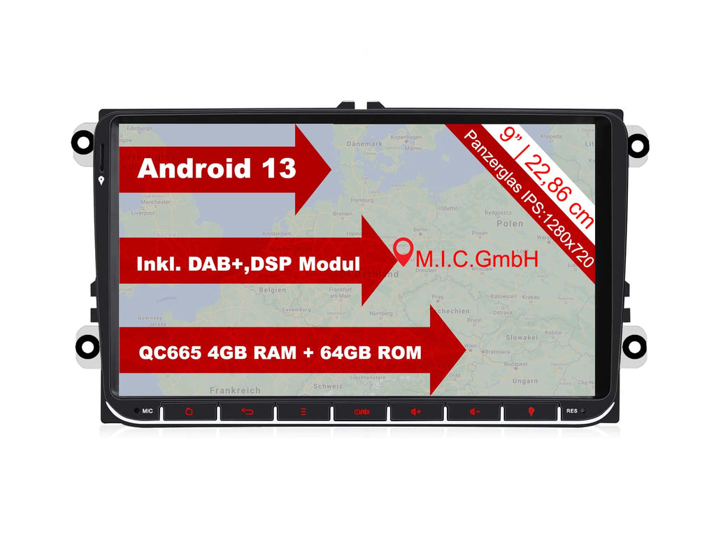 M.I.C. AV9V2 Android 13 Autoradio mit Navigation: Snapdragon 665, 4G+64GB, 9 Zoll IPS Display, SIM, Wireless Apple CarPlay & Android Auto, DAB+, CANBUS, GPS – für VW/ŠKODA/SEAT (RNS/RCD Ersatz)