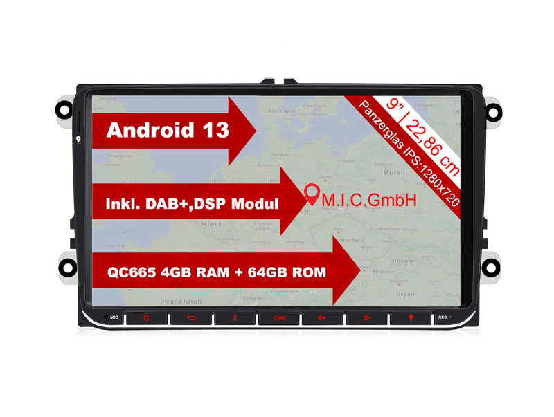M.I.C. AV9V2 Android 13 Autoradio mit Navigation: Snapdragon 665, 4G+64GB, 9 Zoll IPS Display, SIM, Wireless Apple CarPlay & Android Auto, DAB+, CANBUS, GPS – für VW/ŠKODA/SEAT (RNS/RCD Ersatz)