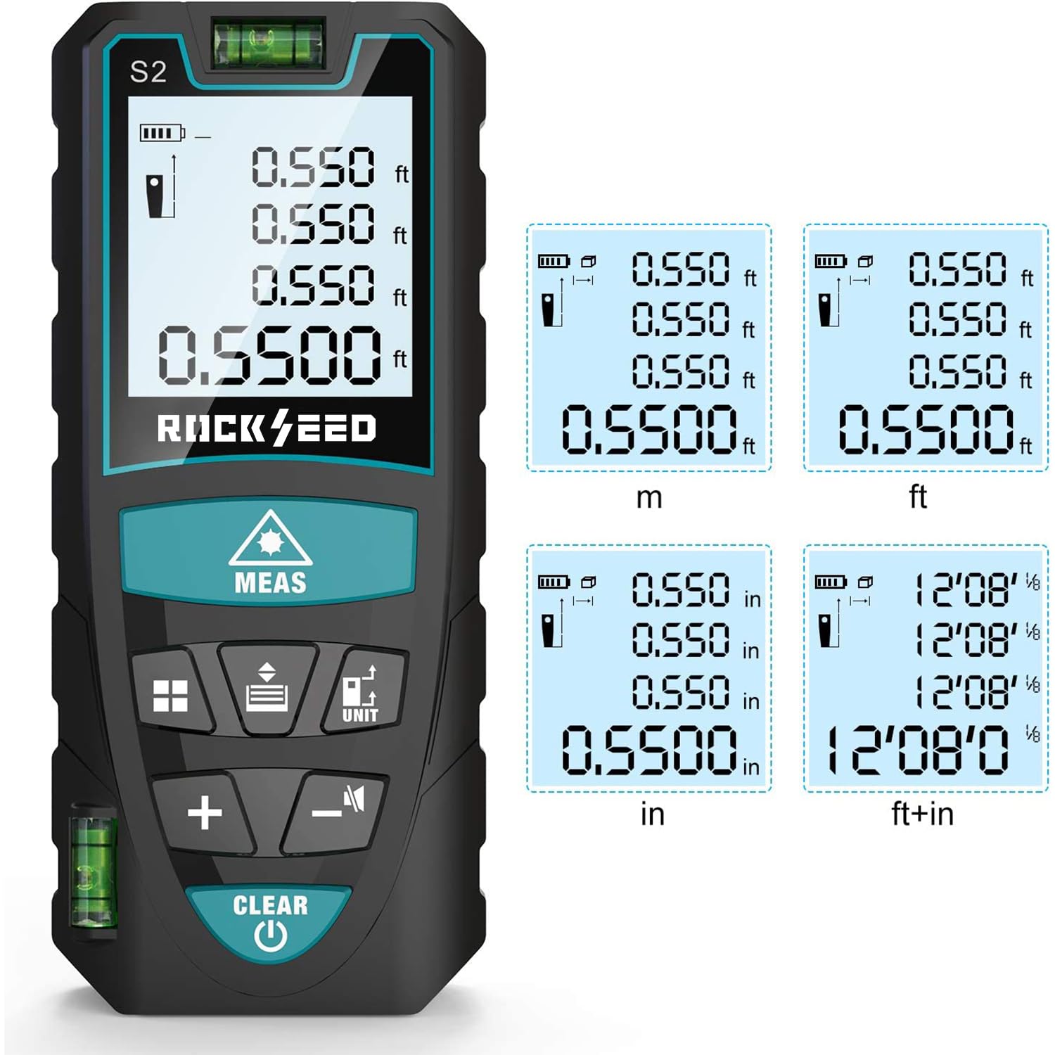 Laser-Entferungsmesser 50M,RockSeed Digitaler Lasermessgerät mit 2 Blasenebenen,Tragbarer Lasermessgerät M/In/Ft Einheit Hintergrundbeleuchtetes LCD zur Messung Entfernung/Fläche/Volumen/Pythagorean