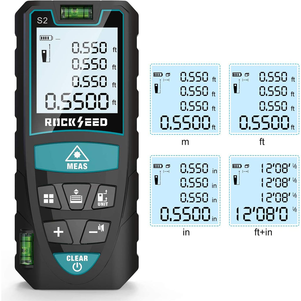 Laser-Entferungsmesser 100M,RockSeed Digitaler Lasermessgerät mit 2 Blasenebenen,Tragbarer Lasermessgerät M/In/Ft Einheit Hintergrundbeleuchtetes LCD zur Messung Entfernung/Fläche/Volumen/Pythagorean
