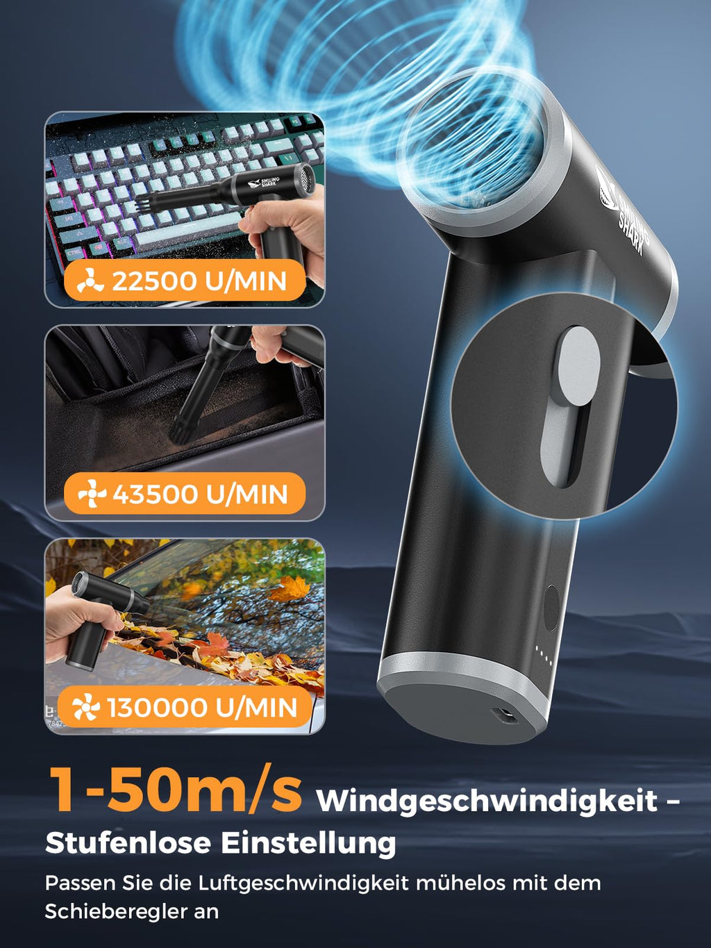 Smiling Shark Elektrische Staubgebläse Luftdruckspray, J01 aus Aluminum 130000 U/min Druckluft Compressed Air Duster mit Stufenloser Regelung Mehrzweck-Jet-Lüfter für PC/BBQ/Auto/Camping, Schwarz
