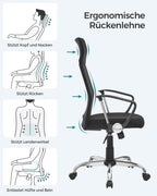 SONGMICS Bürostuhl, ergonomischer Schreibtischstuhl, Drehstuhl, gepolsterter Sitz, höhenverstellbar und neigbar, bis 120 kg belastbar, schwarz OBN034B01