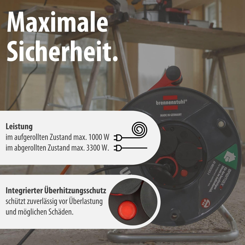 Brennenstuhl Garant V2 IP44 Kabeltrommel 50m outdoor (Made in Germany, 3 Schutzkontakt-Steckdosen, Überhitzungsschutz, kurzfristiger Einsatz im Außenbereich)