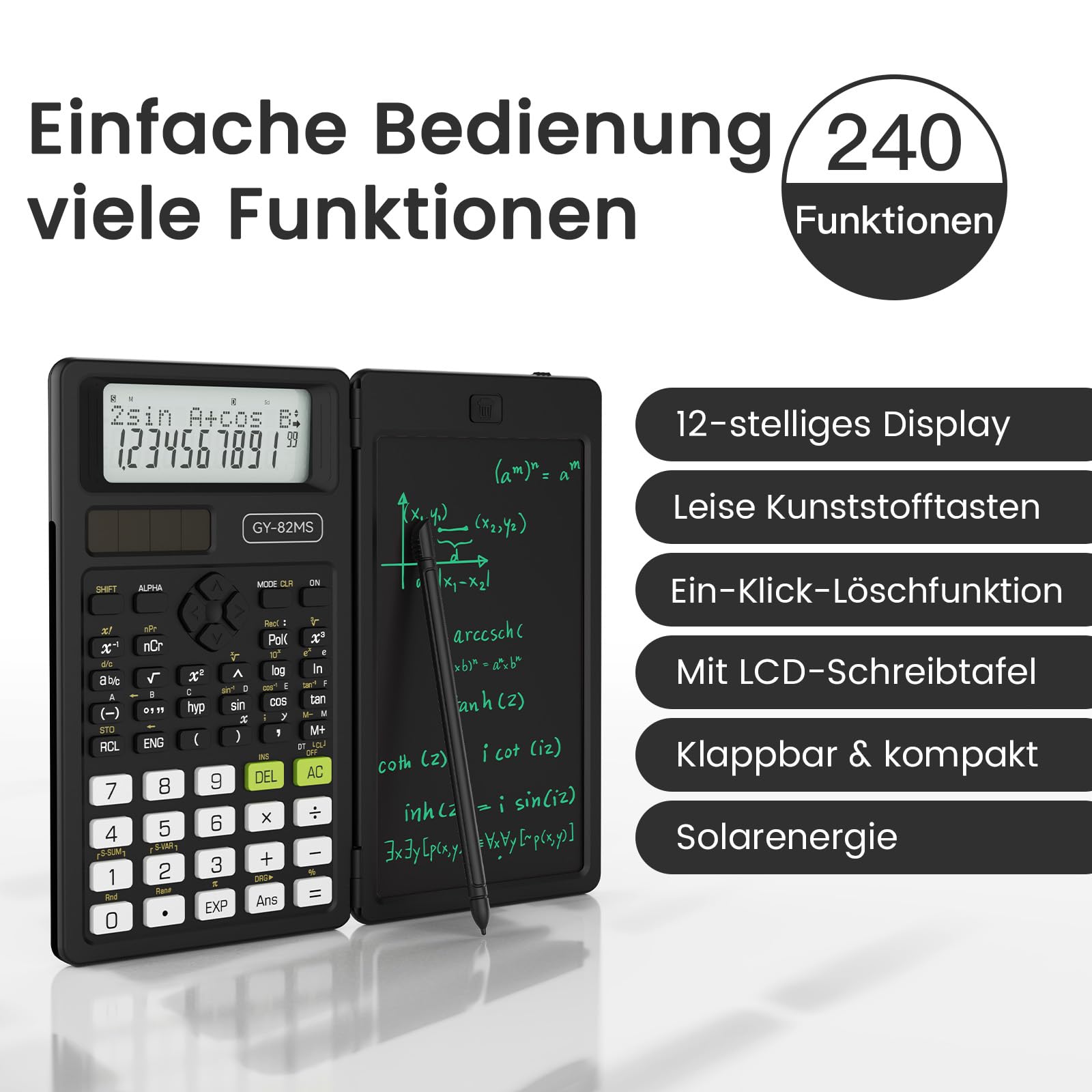 NEWYES Wissenschaftlicher Taschenrechner, 82MS Ingenieurrechner mit Schreibtablett und Stift, 240 Funktionen, 2-zeiliges Display, Mittel- und Oberschulbedarf, Schwarz