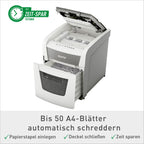 Leitz IQ Autofeed Small Office Aktenvernichter, 50 Blatt Papierstapel schreddern, Zeit sparen mit automatischem Einzug, Partikelschnitt P4, 20L Abfallbehälter, Leiser Betrieb für Büro, 80350000