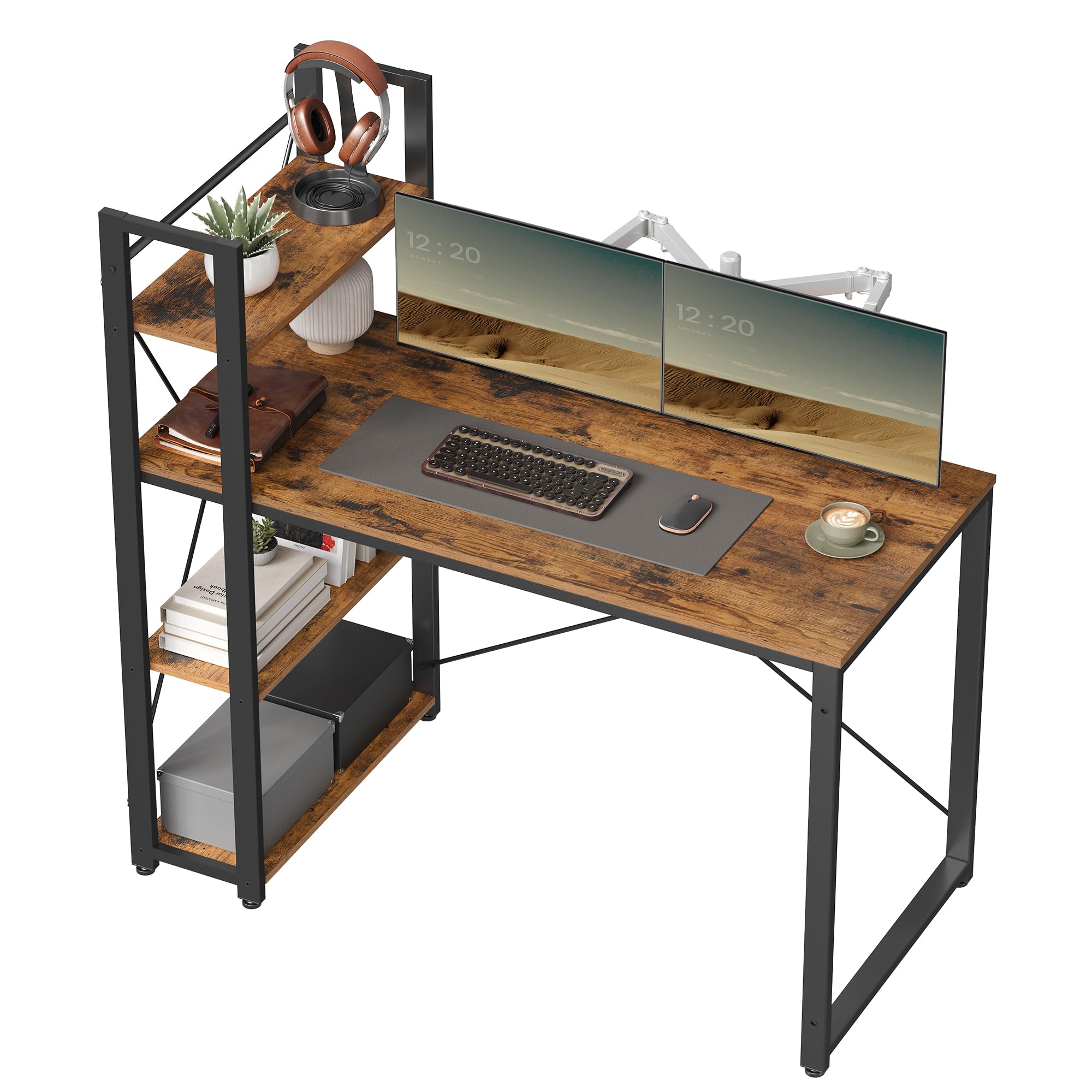 VASAGLE Schreibtisch, Computertisch mit Regalböden rechts oder Links, 120 cm breiter Bürotisch, für Arbeitszimmer, Homeoffice, einfacher Aufbau, vintagebraun-schwarz LWD48X