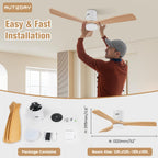 AUTODAY Holz Deckenventilator mit Beleuchtung dimmbarem LED 24W Leiser DC-Motor 38W 132 cm hölzern Deckenventilator mit licht Fernbedienung mit Memory-Funktion 6 Geschwindigkeiten 1/3/6H Timer