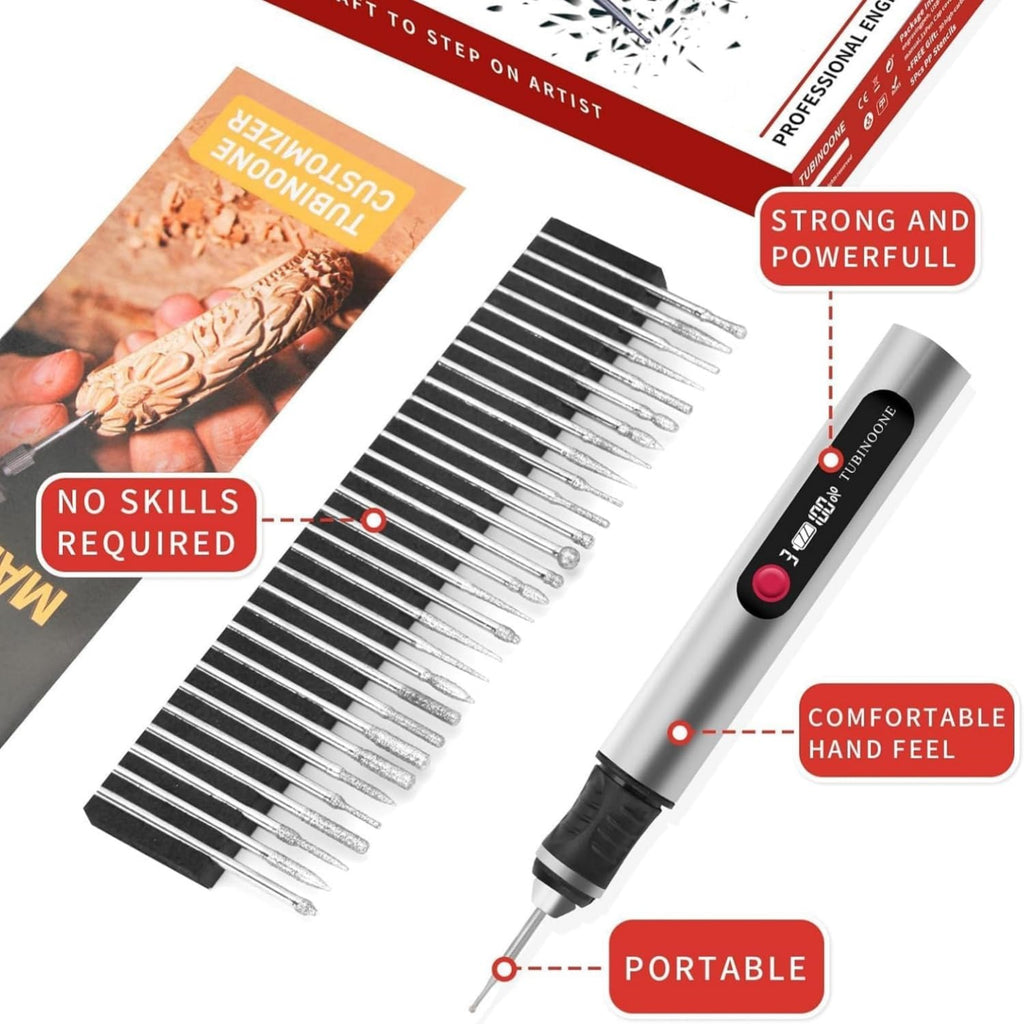 TUBINOONE Gravierstift, ultimativer kabelloser tragbarer Gravierer für Künstler und Heimwerker – Gravieren Sie über 50 Oberflächen – Anfängerfreundlich – wiederaufladbar – inklusive 30 Bits &