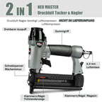 NEU MASTER Druckluftnagler, 2 in1 Drucklufttacker mit Transportkoffer inkl. 800 Nägel und 200 Klammern für Werkstatt und Haus