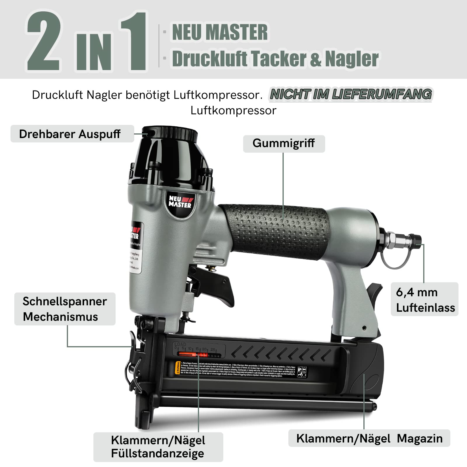 NEU MASTER Druckluftnagler, 2 in1 Drucklufttacker mit Transportkoffer inkl. 800 Nägel und 200 Klammern für Werkstatt und Haus