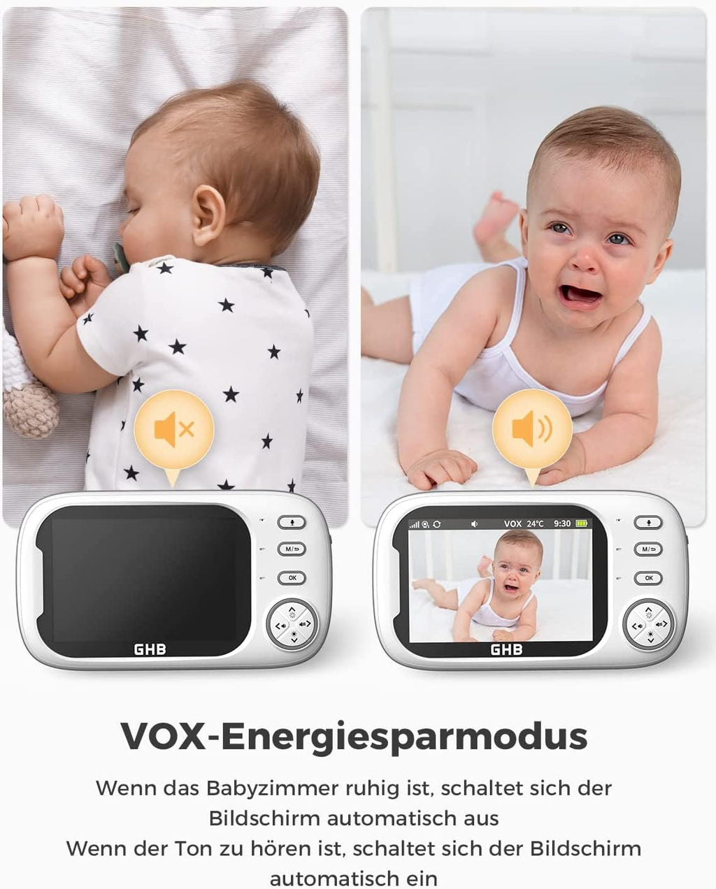 GHB Babyphone mit Kamera 3,5 Zoll Video Baby Monitor mit VOX Modus Nachtsicht Gegensprechfunktion Schlaflieder