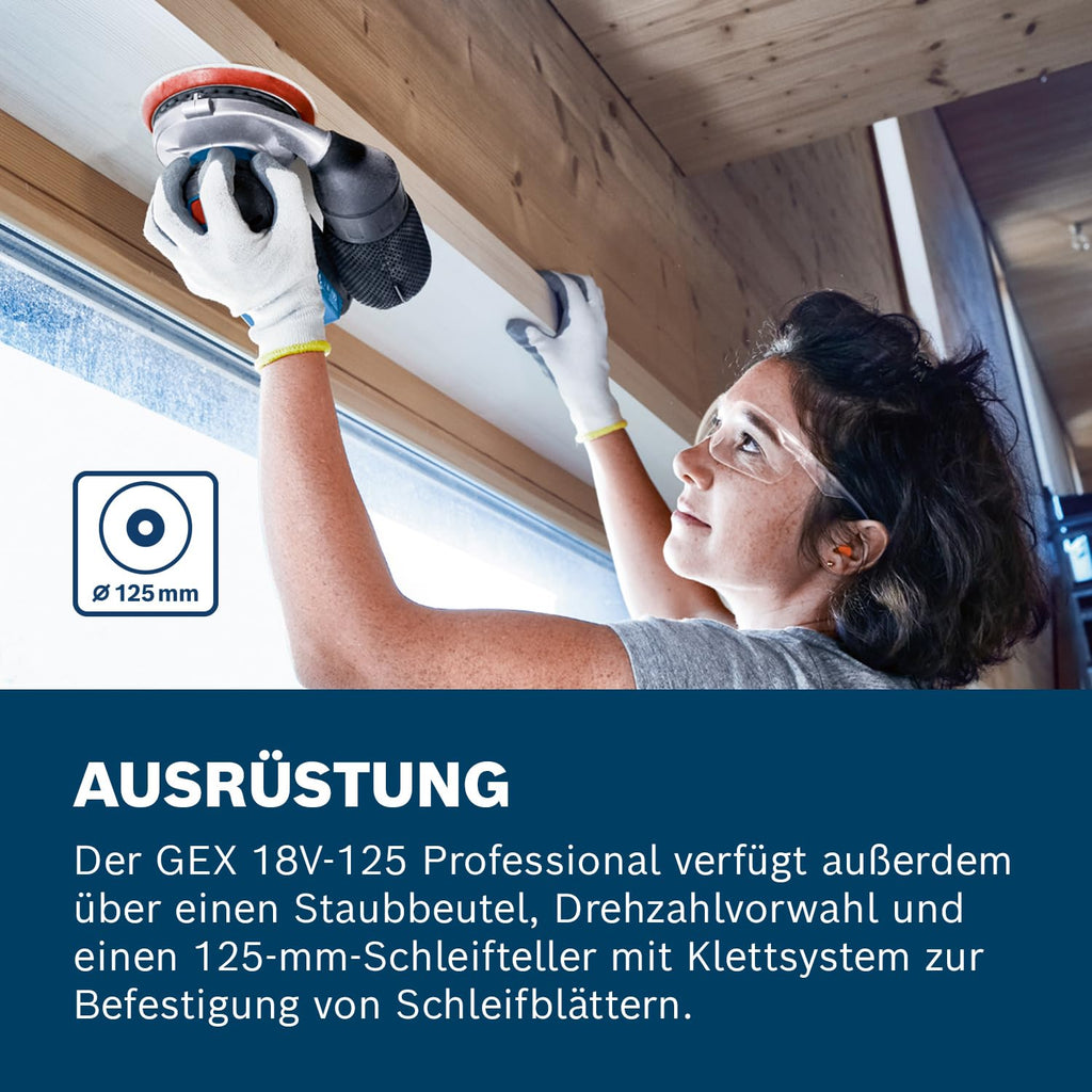 Bosch Professional 18V System Akku Exzenterschleifer GEX 18V-125 (inkl. Schleifteller (125mm), 1x Schleifpapier, Staubbeutel, ohne Akku/Ladegerät)