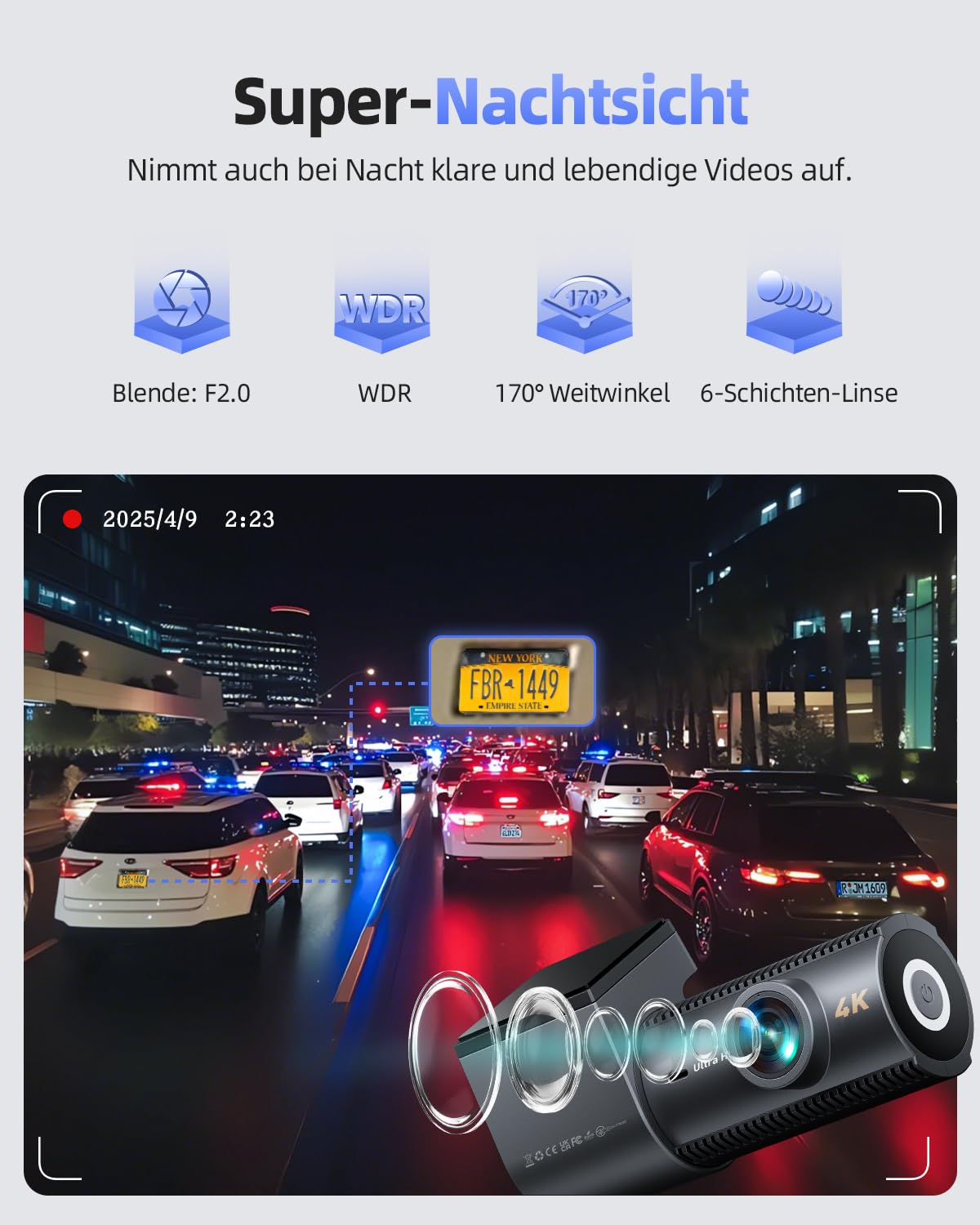 CIEVIE 4K Dashcam Auto Vorne Hinten mit GPS 5GHz WiFi, Dual Dashcam 1,5″ IPS Display, Auto Kamera mit 64GB SD Karte, 170° Weitwinkel, G-Sensor, WDR Nachtsicht, Loop-Aufnahme, Unterstützt 256GB Max