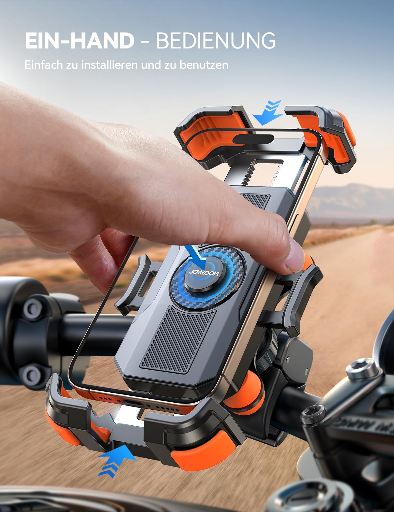 JOYROOM Handyhalterung Motorrad [Doppelt Vibrationsgedämpft] Handyhalter Fahrrad [Mit einem klick öffnen] Handy Halterung 360° Drehbar Lenker Halter für iPhone 16/15/14/13 Samsung S24/S23 Orange