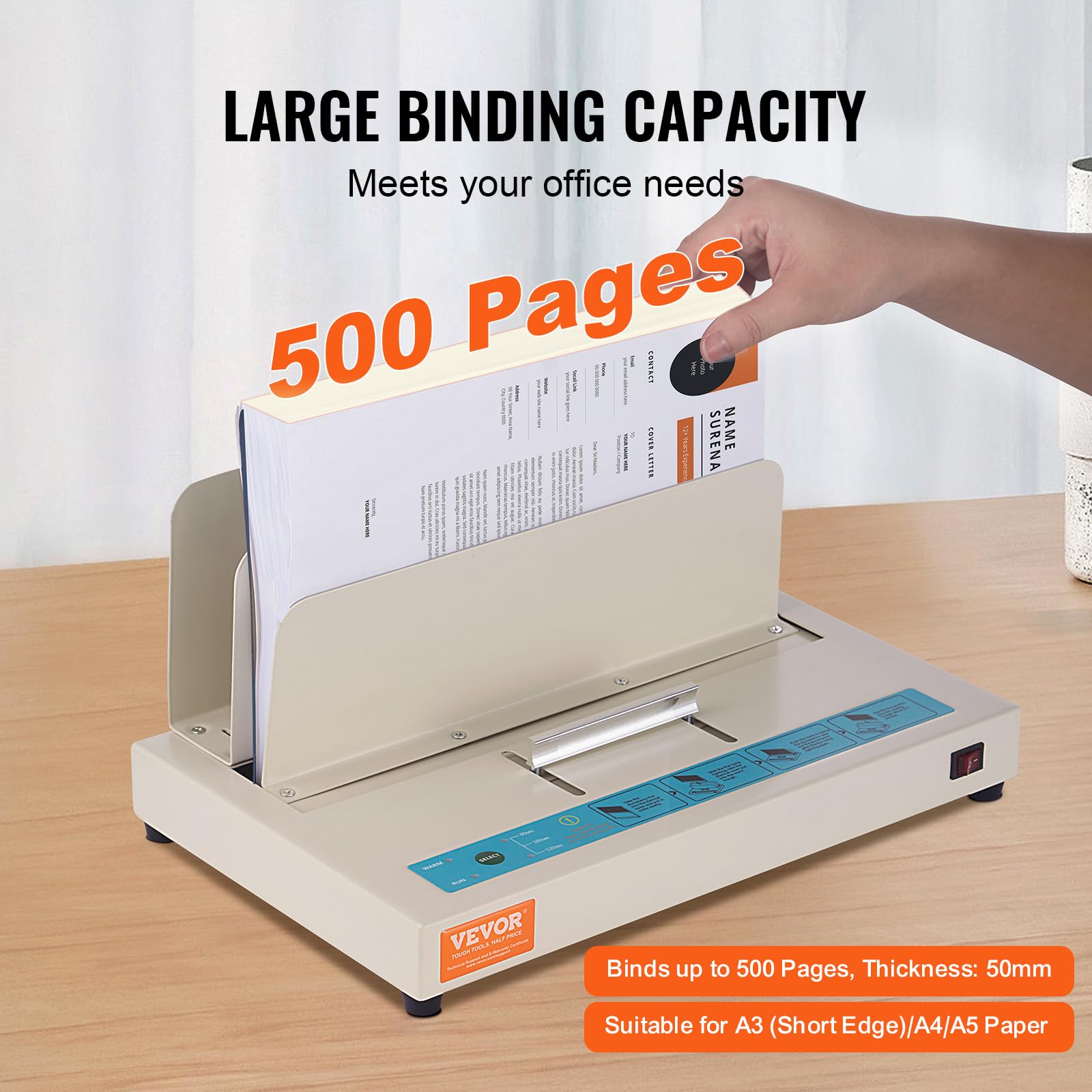 VEVOR Thermobindegerät, Buchbindegerät mit 500 Blatt Kapazität, Thermo-Buchbinder 50 mm Bindestärke für A3 (kurze Kante)/A4/A5-Dokumente mit optischer Infrarot-Erkennung