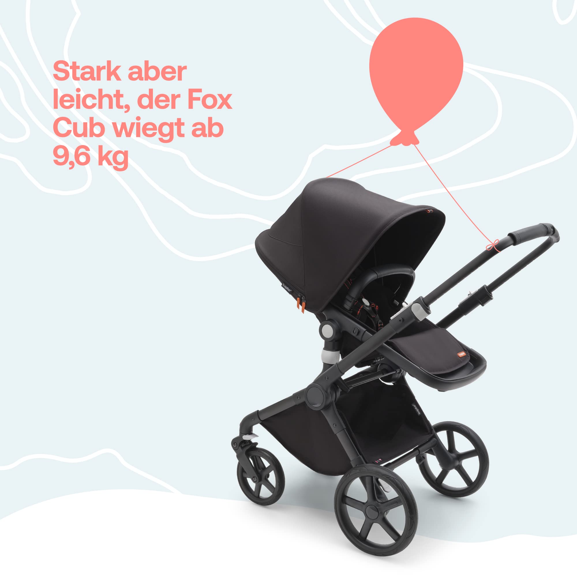 Bugaboo Fox Cub Kinderwagen für jedes Gelände, leichter und stabiler Kinderwagen, strapazierfähiges Design und extragroßes Sonnendach, einteilig und selbststehend faltbar, Schwarz