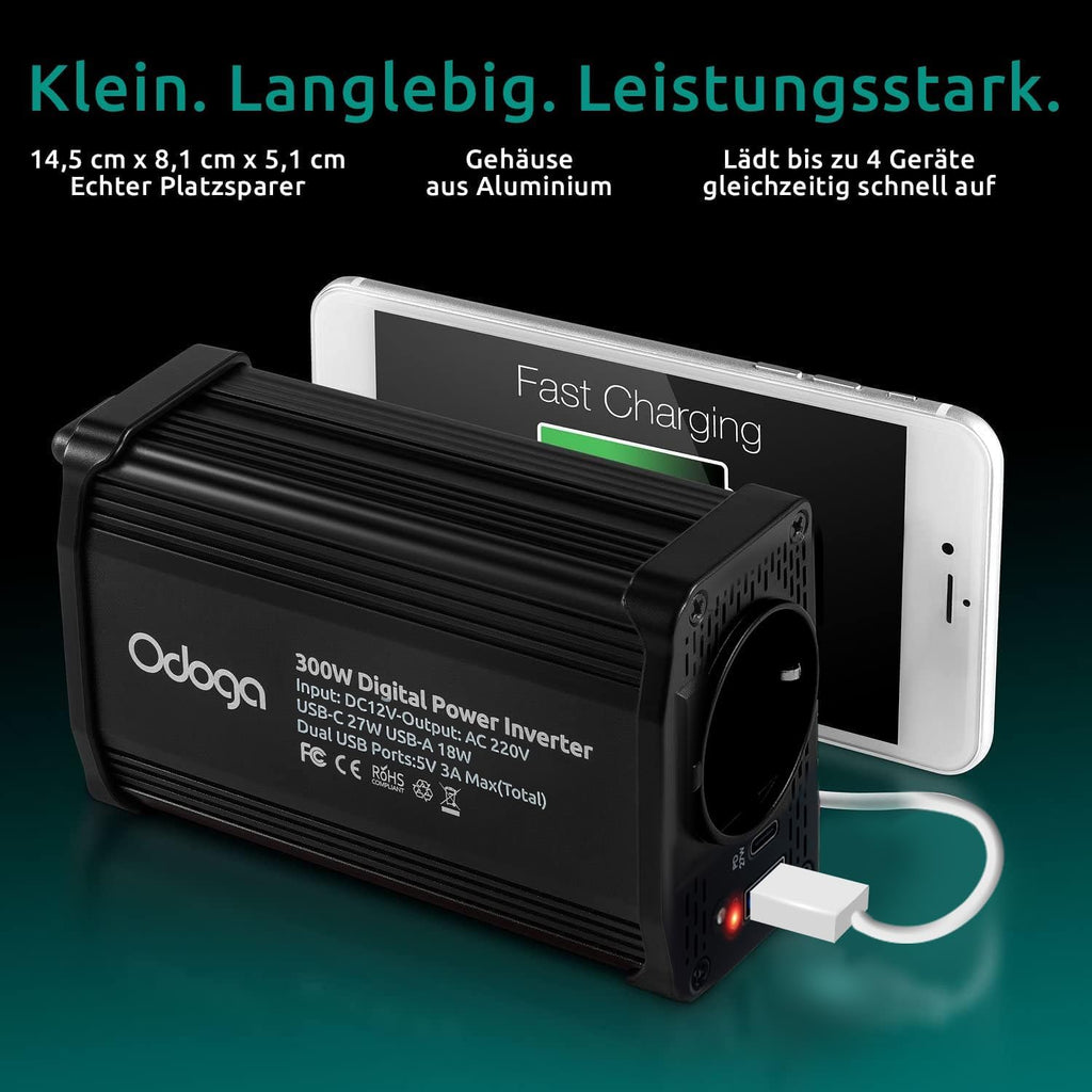 Odoga Wechselrichter 12V auf 230V – 300 W Spannungswandler, Stromwandler mit 3A USB-C und USB-A Anschluss, Inverter 12V 220V, Auto Steckdose, Laden Sie Ihr Laptop, iPad, iPhone, Tablet Und Mehr