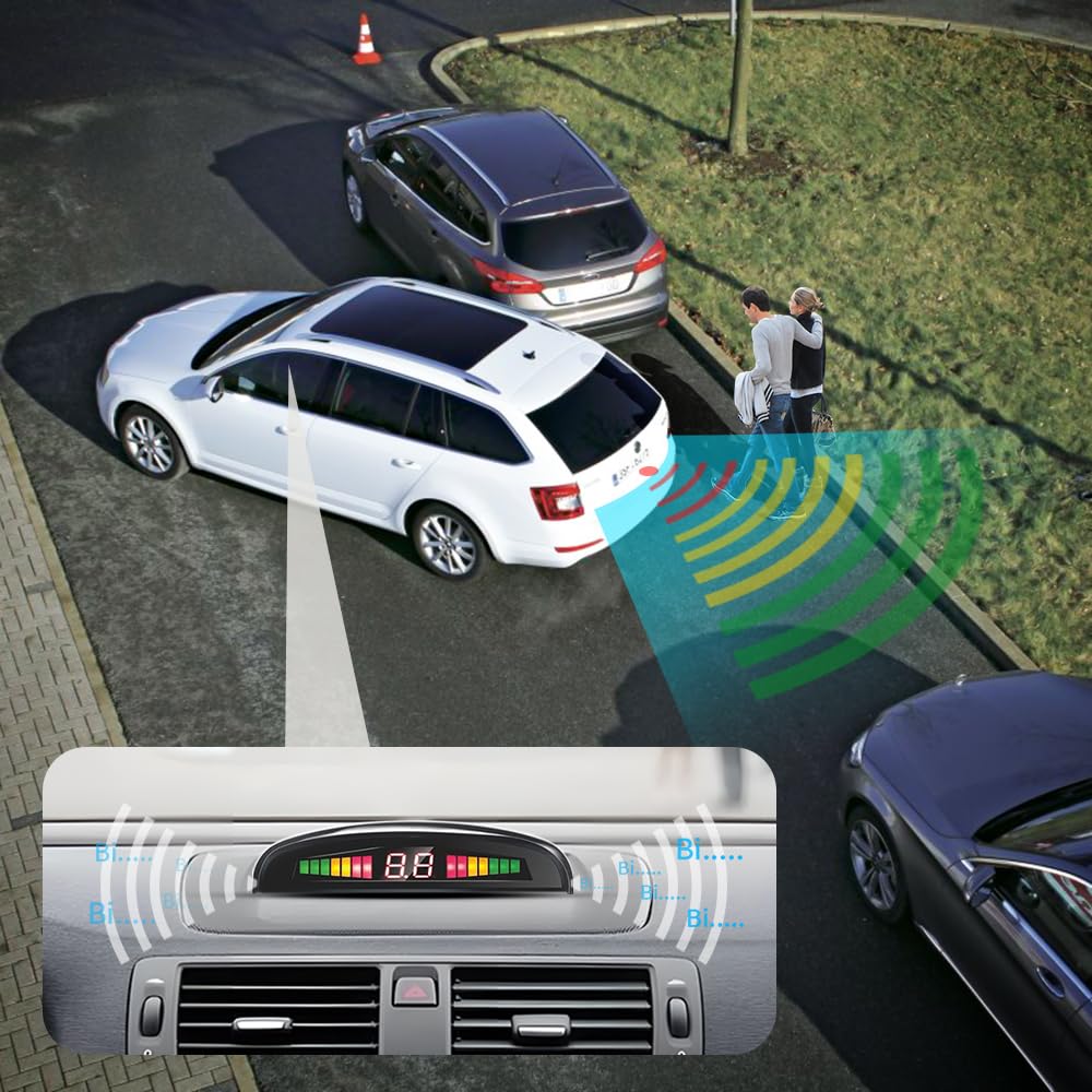 Kabellose Einparkhilfe, Rückfahrhilfe mit 4 PDC Parksensoren hinten, Summe Abstandswarn Bausatz mit Drahtlosem LED Display für Auto, SUV, Van, Wohnmobile und Pickup(4 Sensoren, Schwarz)