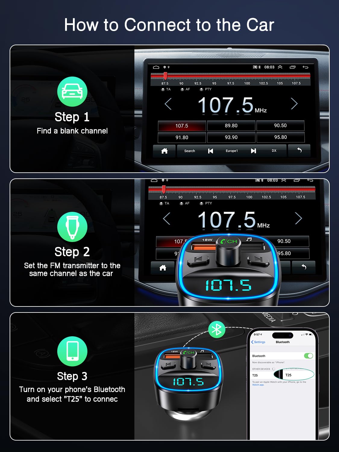 ORIA Bluetooth FM Transmitter Auto, Bluetooth 5.3 Adapter für Auto Radio, Rauschunterdrückung Mikrofon & 2 USB Aufladung, Freisprechen Carkit, unterstützt BT, SD-Karte, USB-Stick