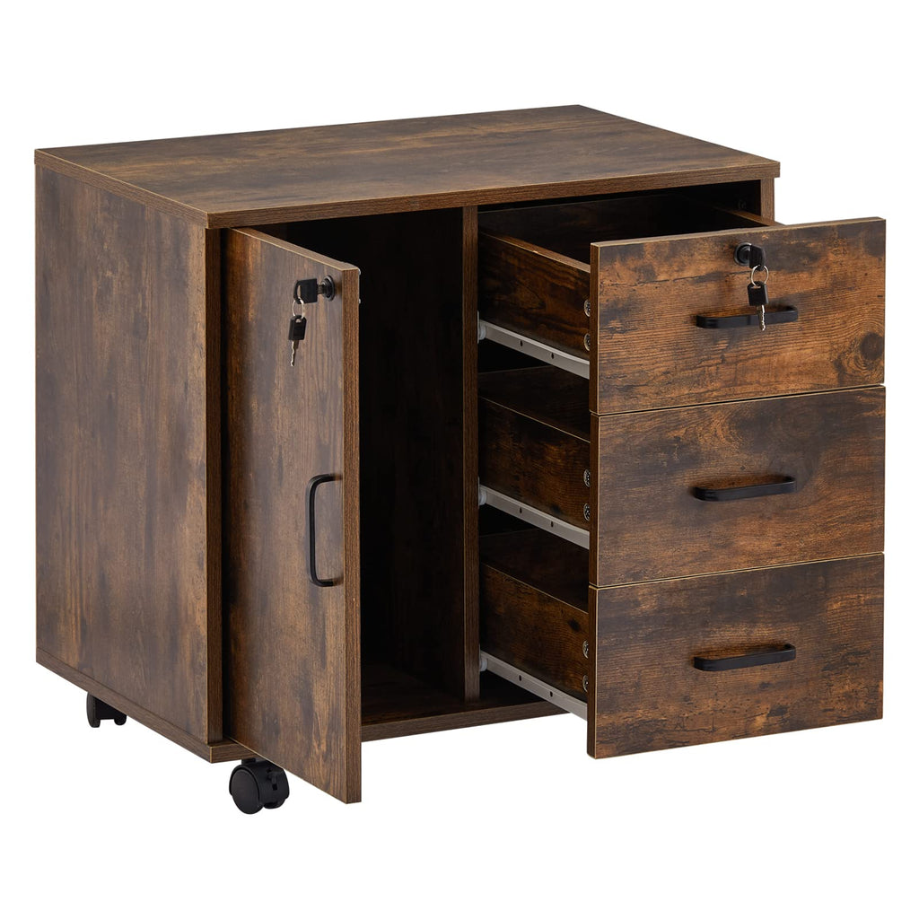 TUKAILAI Rollcontainer Aktenschrank aus Holz, Abschließbar Büroschrank mit 3 Schubladen und Tür, Mobiler Schreibtisch Unterschrank mit 4 Rollen für Büro Arbeitszimmer Wohnzimmer, 40×60×57 cm, Braun
