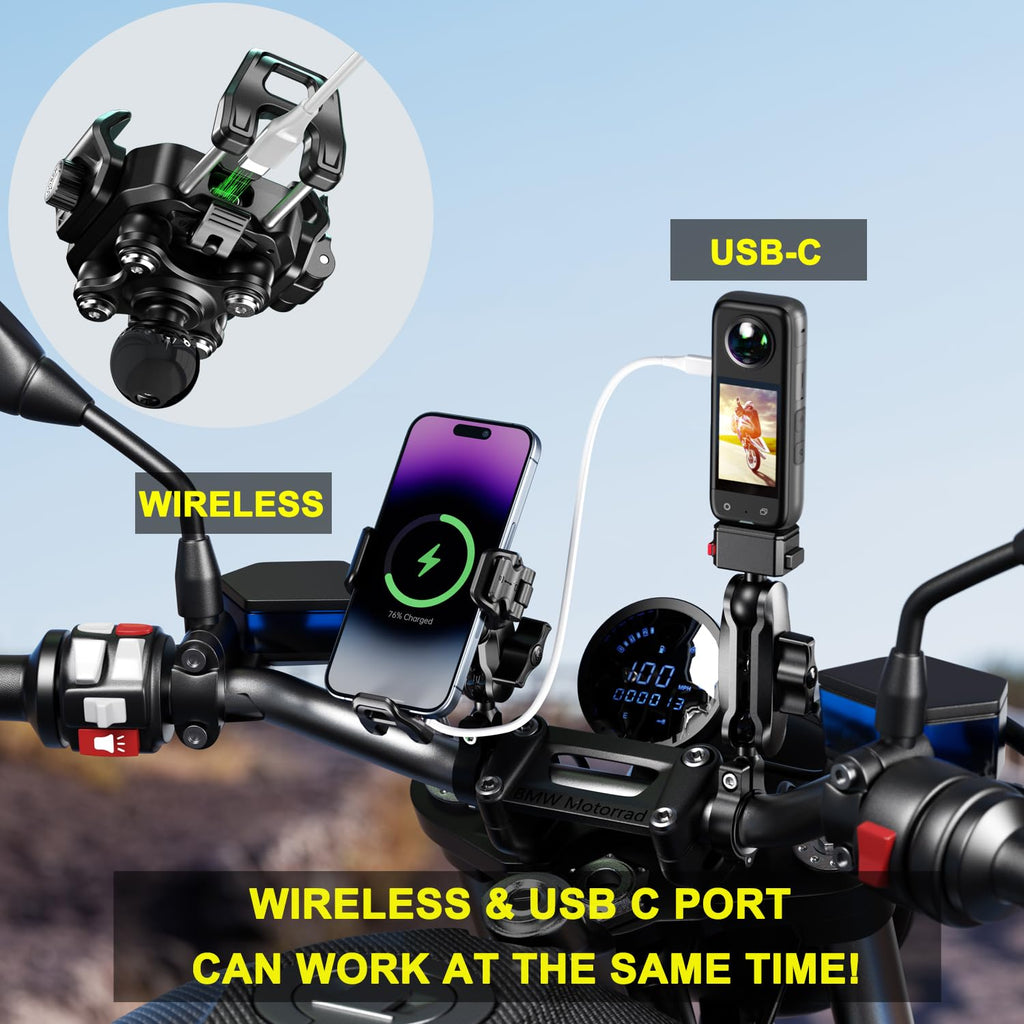 iMESTOU Kabellose USB-C Handyhalterung für Motorrad, Vibrationsdämpfend und Wasserdicht, 2,5 cm Kugel Qi Handyhalterung, Geeignet für 4,7"-7,2" mit max. 15mm Dicke Handys, Passend für 22–32 mm Lenker