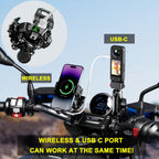 iMESTOU Kabellose USB-C Handyhalterung für Motorrad, Vibrationsdämpfend und Wasserdicht, 2,5 cm Kugel Qi Handyhalterung, Geeignet für 4,7"-7,2" mit max. 15mm Dicke Handys, Passend für 22–32 mm Lenker