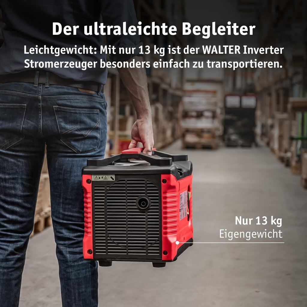 Walter Inverter Stromerzeuger 1000W, Benzin Notstromaggregat, ideal für Camping Reise Garage Wohnwagen Baustelle, WWS-IGS1000