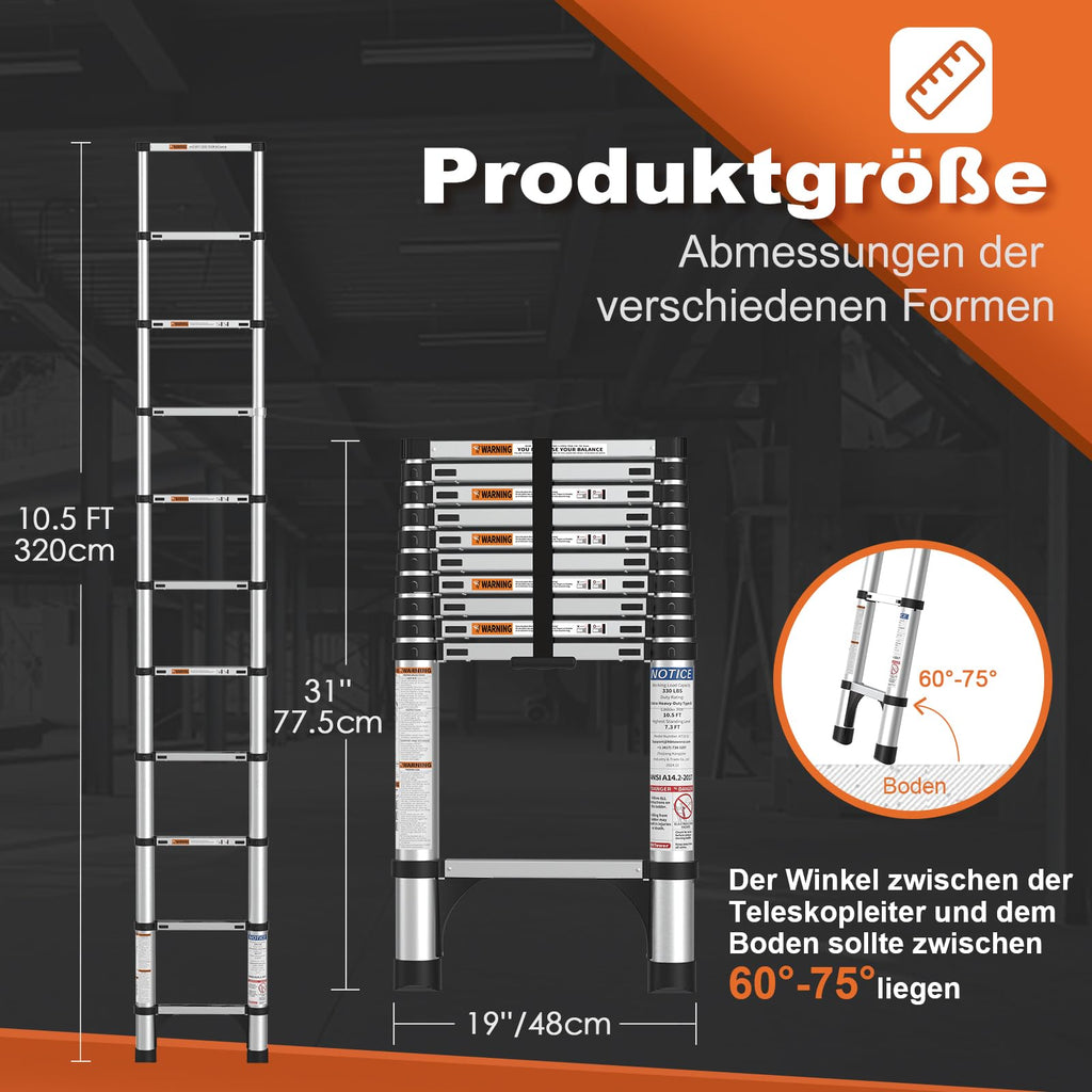 HBTower Teleskopleiter 3,2 m aus Aluminium, Klappbare Ausziehleiter mit Rutschfesten Füßen, Leicht & Kompakt, Tragkraft 150 kg, Ideal für Deckenarbeiten & Dachböden, Silber