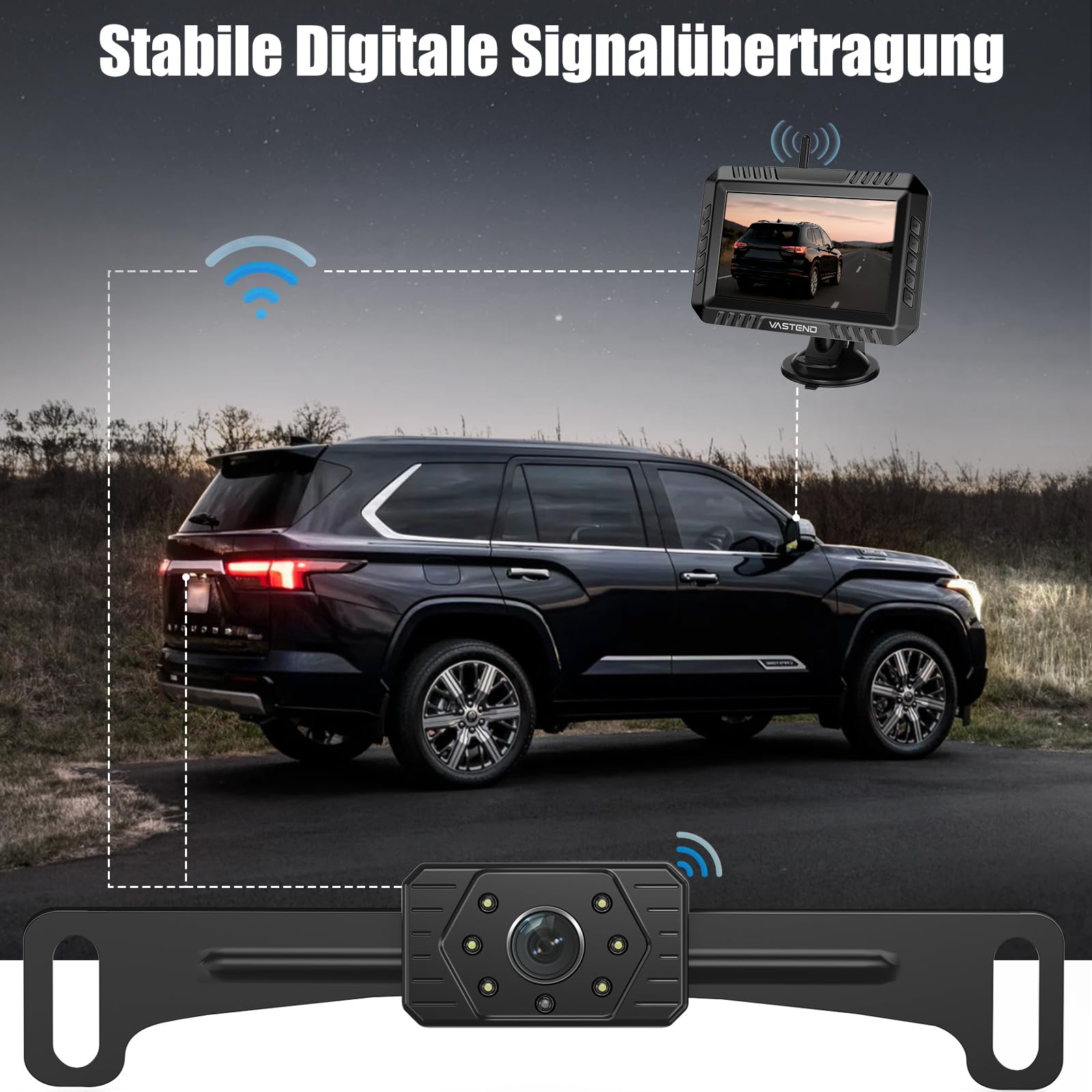 VASTEND Rückfahrkamera Kabellos 5“, 1080P Nachtsicht Monitor Auto Rückfahrkamera Funk, 150° Weitwinkel IP69 wasserdichte Kabelloses Rückfahrkameras System für Wohnwagen, LKW, PKW, SUV, Pickups(VE-5A)