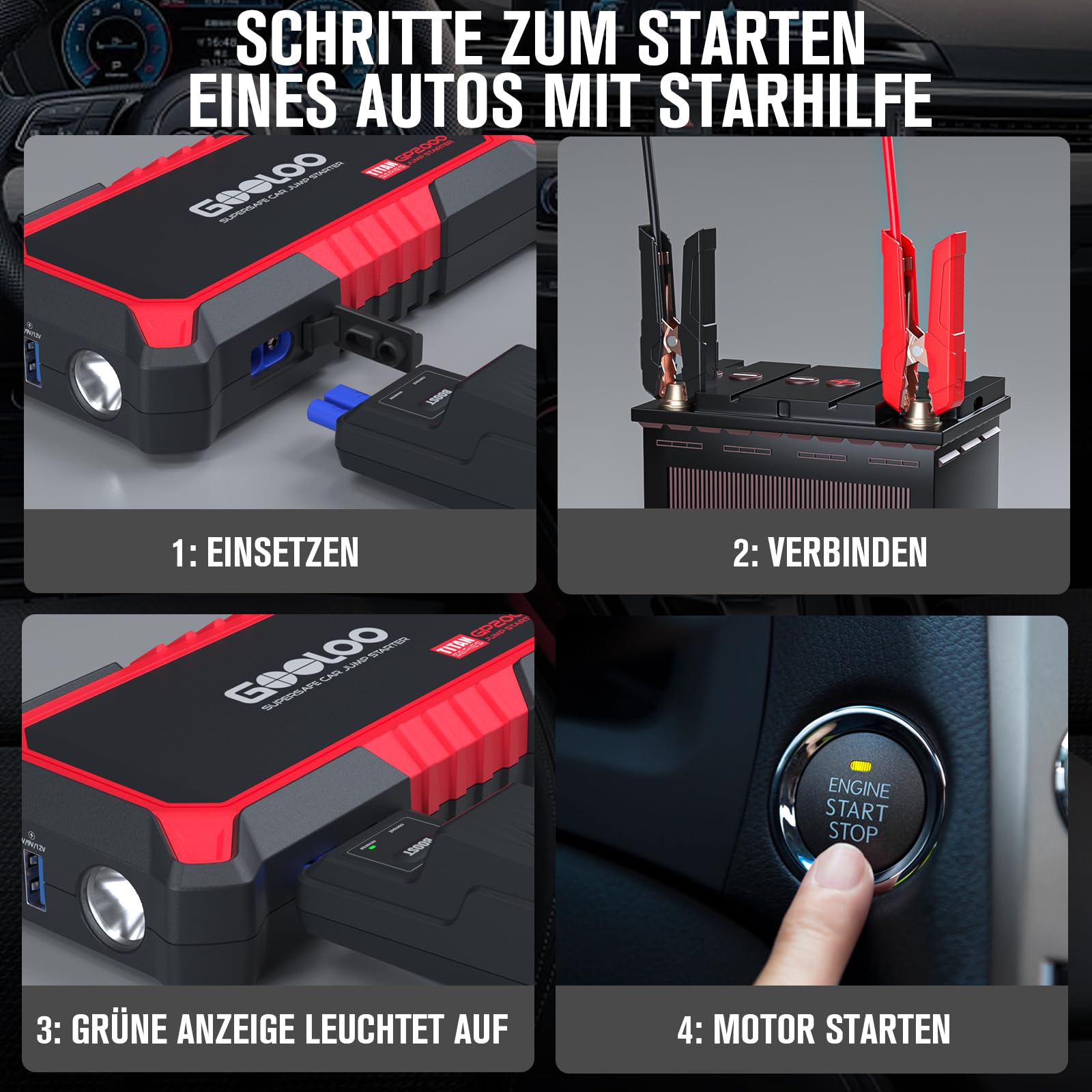 GOOLOO GP2000 Starthilfe Powerbank für Pkw, 2000A Supersafe Auto Starthilfe Powerbank für 12V (Bis zu 8.0L Benzin & 6.0L Diesel), Booster Autobatterie mit USB-Schnellladung, Starthilfekabel und LED