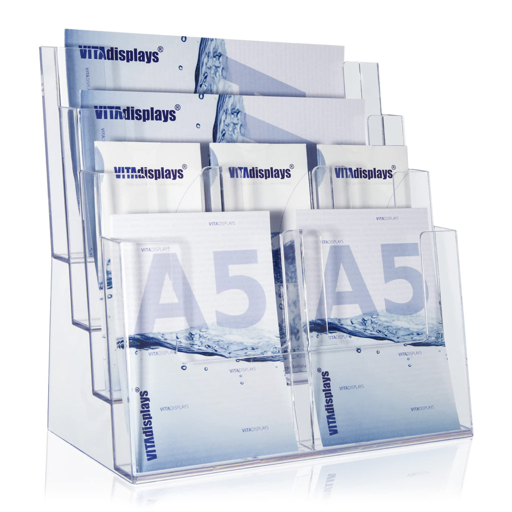 Taymar Prospektständer Tribüne für DIN A4, A5, DIN lang, DL, A6 Flyer, flexibler, transparenter Tischprospektständer als standfester Aufsteller, Flyerständer mit 4 Etagen, optional als Wand-Prospekthalter