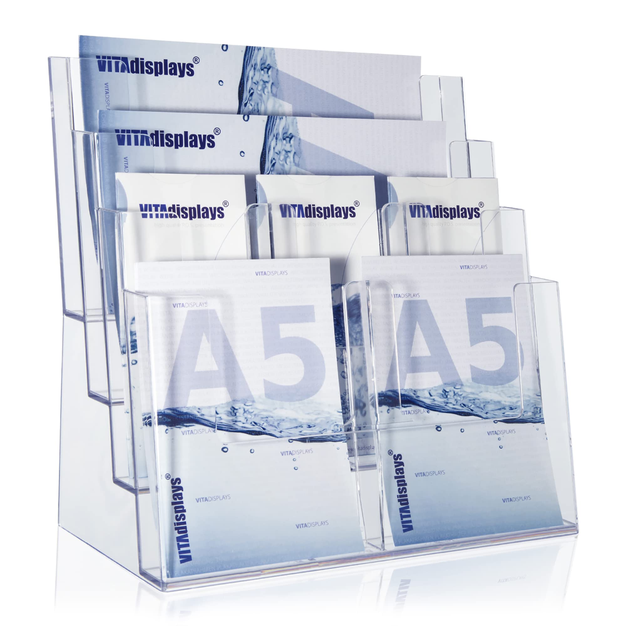 Taymar Prospektständer Tribüne für DIN A4, A5, DIN lang, DL, A6 Flyer, flexibler, transparenter Tischprospektständer als standfester Aufsteller, Flyerständer mit 4 Etagen, optional als Wand-Prospekthalter