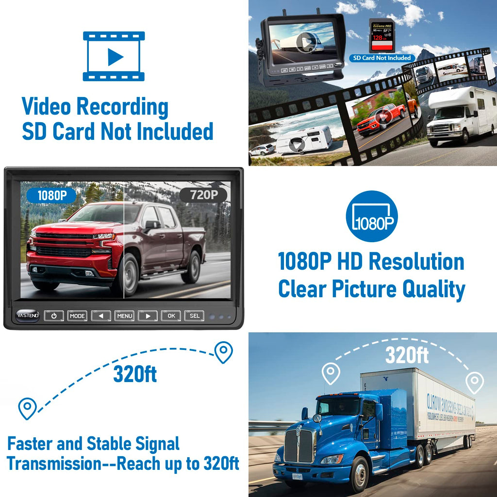 VASTEND Kabellos Rückfahrkamera Set HD 1080P 7'' Monitor & IP69 wasserdichte Backup Kamera Stabile Digitale Signale, 150° Weitwinkel-Rückfahrkamera Nachtsicht Set für Van, PKW, LKW, Wohnwagen(V01)