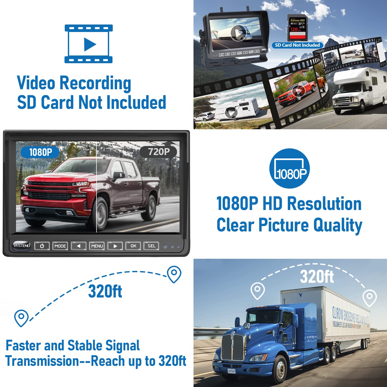 VASTEND Kabellos Rückfahrkamera Set HD 1080P 7'' Monitor & IP69 wasserdichte Backup Kamera Stabile Digitale Signale, 150° Weitwinkel-Rückfahrkamera Nachtsicht Set für Van, PKW, LKW, Wohnwagen(V01)
