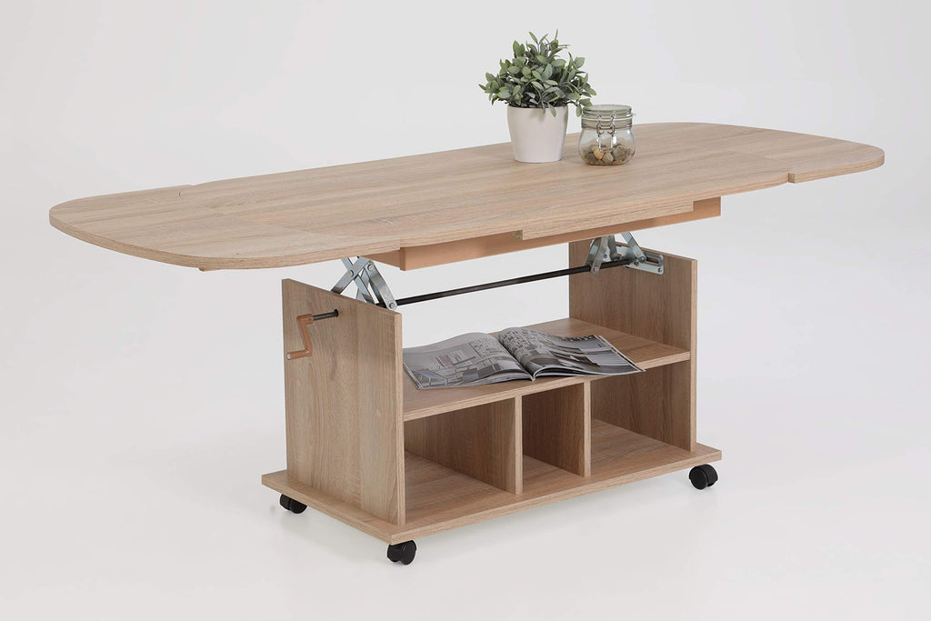 Hela Tische, Funktionscouchtisch Babsi, Holzwerkstoff melaminbeschichtet, Sonoma Eiche, höhenverstellbar 53-63cm, ausziehbar 107-157cm, auf Rollen