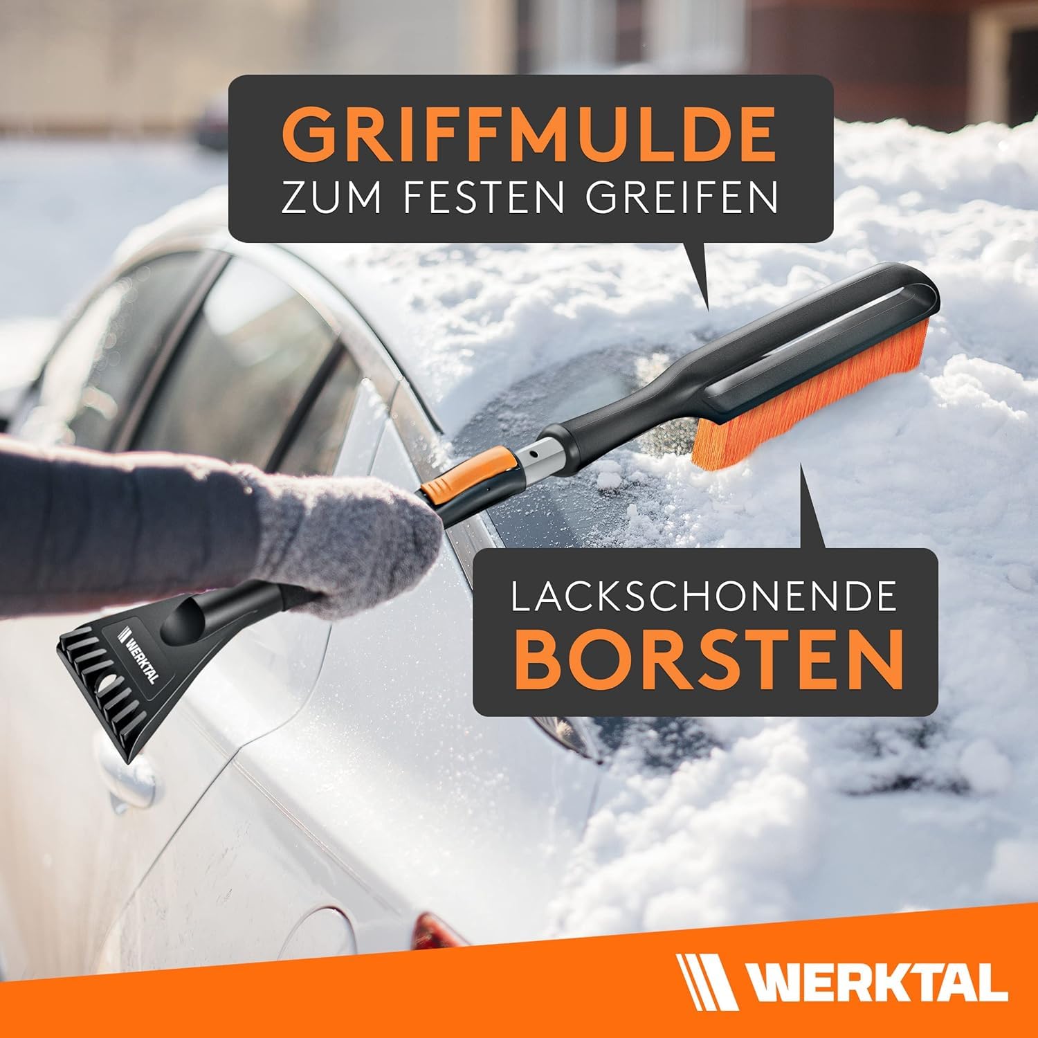 WERKTAL Eiskratzer Auto mit Besen (Teleskop) lackschonend – Scheibenkratzer mit Eisbrecher & Schneebesen für PKW LKW SUV, stabiles Winterzubehör inkl. Tasche – inklusive Scheibenschwamm