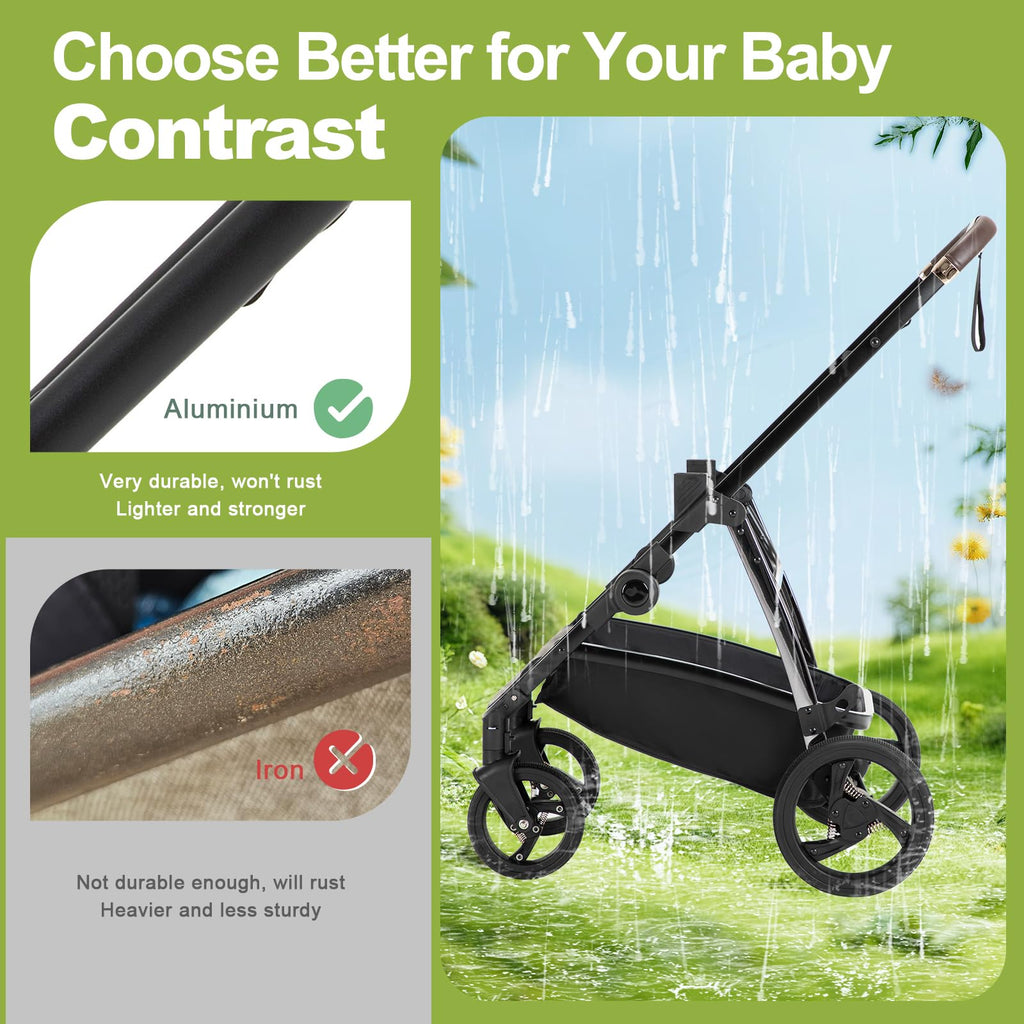 Lnhcrbs Kinderwagen 3 in 1,Kinderwagen Set ist ein mit einer Hand faltbarer Aluminiumrahmen, Bergsteiger Stoller ist aus Leder, wasser- und schmutzabweisend, Für 0-4 Jahre, 22KG(Schwarz)